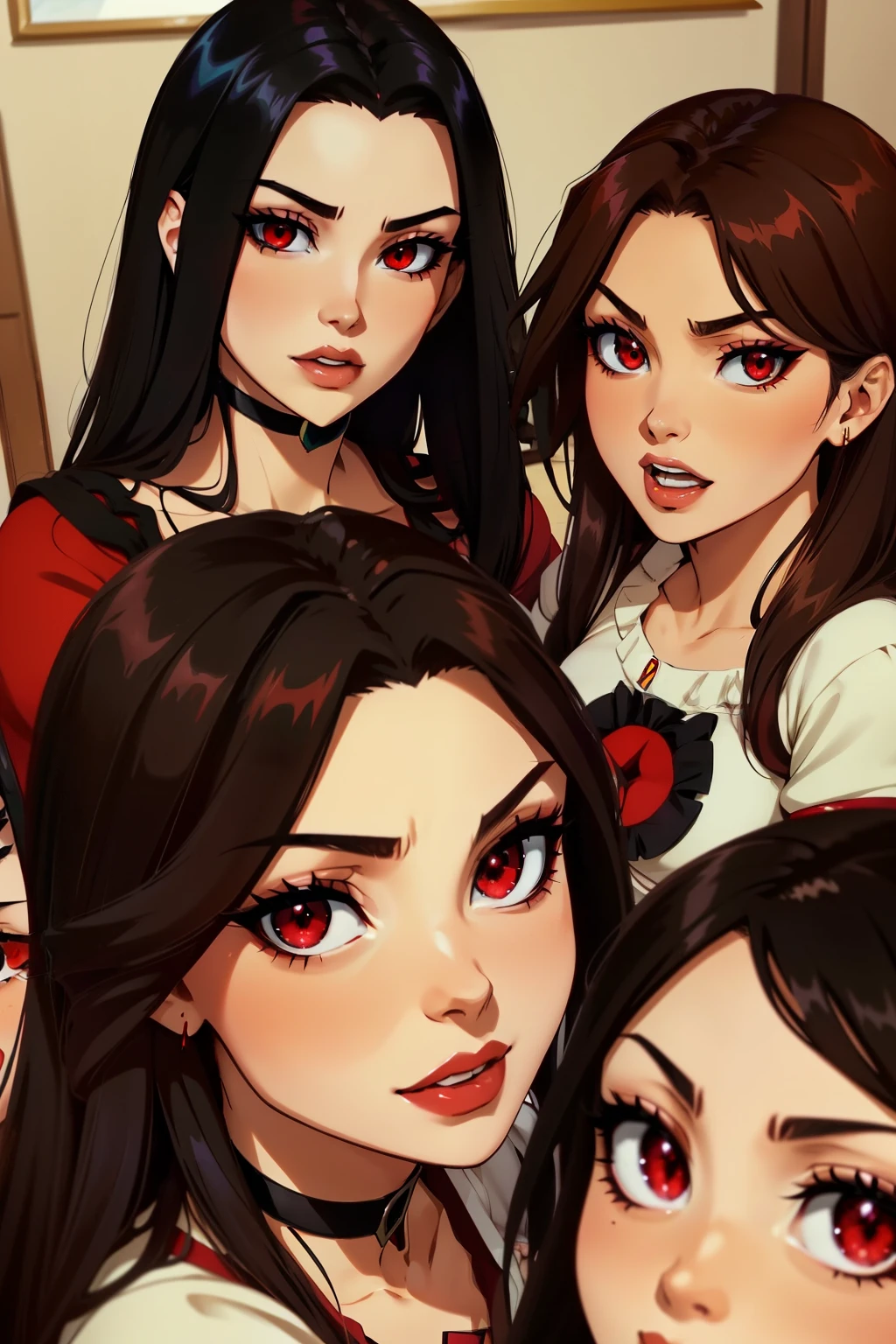 Megumin have black hair, red Eyes) with her 3 little daugheters Esmeralda, Ariarose and Ruby: Esmeralda have brown hair , red eyes). Ruby have Red Hair, green eyes), AriaRose have Black hair, blu eyes)

