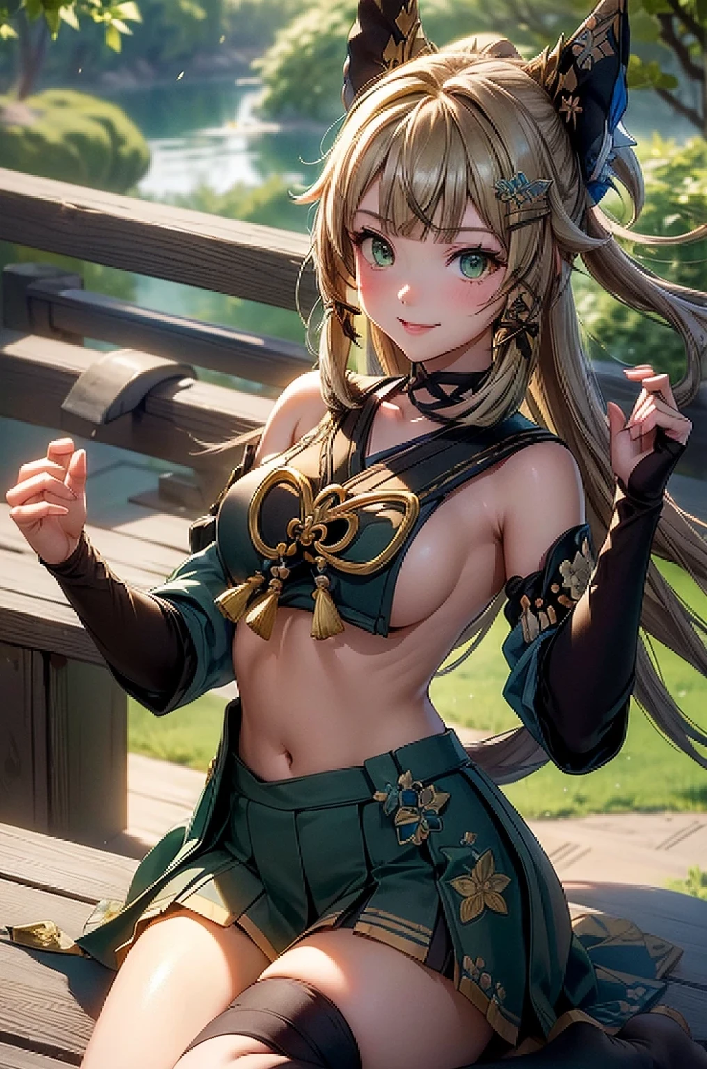 ((kiraradef)):1.5,((masterpiece,highest quality,Highly detailed images,Beautiful images、Realistic、Realistic、2.5D))(kirara images,Japanese garden、Ornamental pond、Fun pose、Bright natural light throughout、Backlight、A fantastic atmosphere、Dust flutters)1.3,(Kirara close-up image)、(Medium chest、underboob or sideboob, Expose your shoulders、Exposing the belly):1.2(smile)1.1(Kimono Remodeling、Separate top and bottom、Knee-high socks、Absolute area)