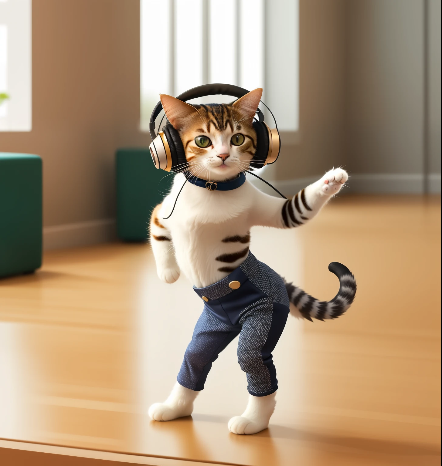 There is a cat dancing with headphones, Beautiful numbers, she dances. actual, Beautiful numbers艺术, beautiful digital artwork, In working condition, New cat, Beautiful 3D display, he dances, meow, An amazing computer created, Beautiful and detailed digital art, muscular!, Dancing characters, Disney cat Bambi, Beautiful artwork, Take an elegant pose