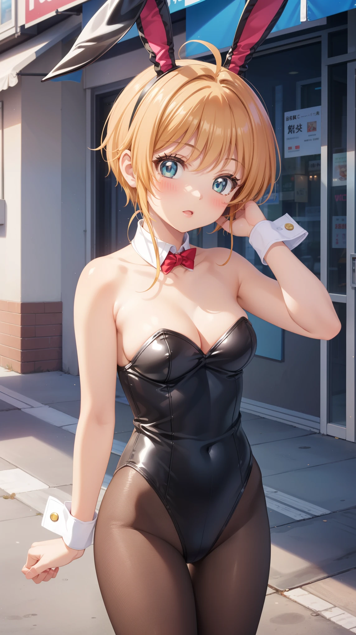 masterpiece, best quality, highres, 1girl, detailed face, blush, anime CG style, (medium breasts), (18 year old girl:1.3), (aged up), good lighting, perfect body, sakura kinomoto, glossy lips, city street, strapless leotard, detached collar, wrist cuffs, fishnet tights, bunny ears