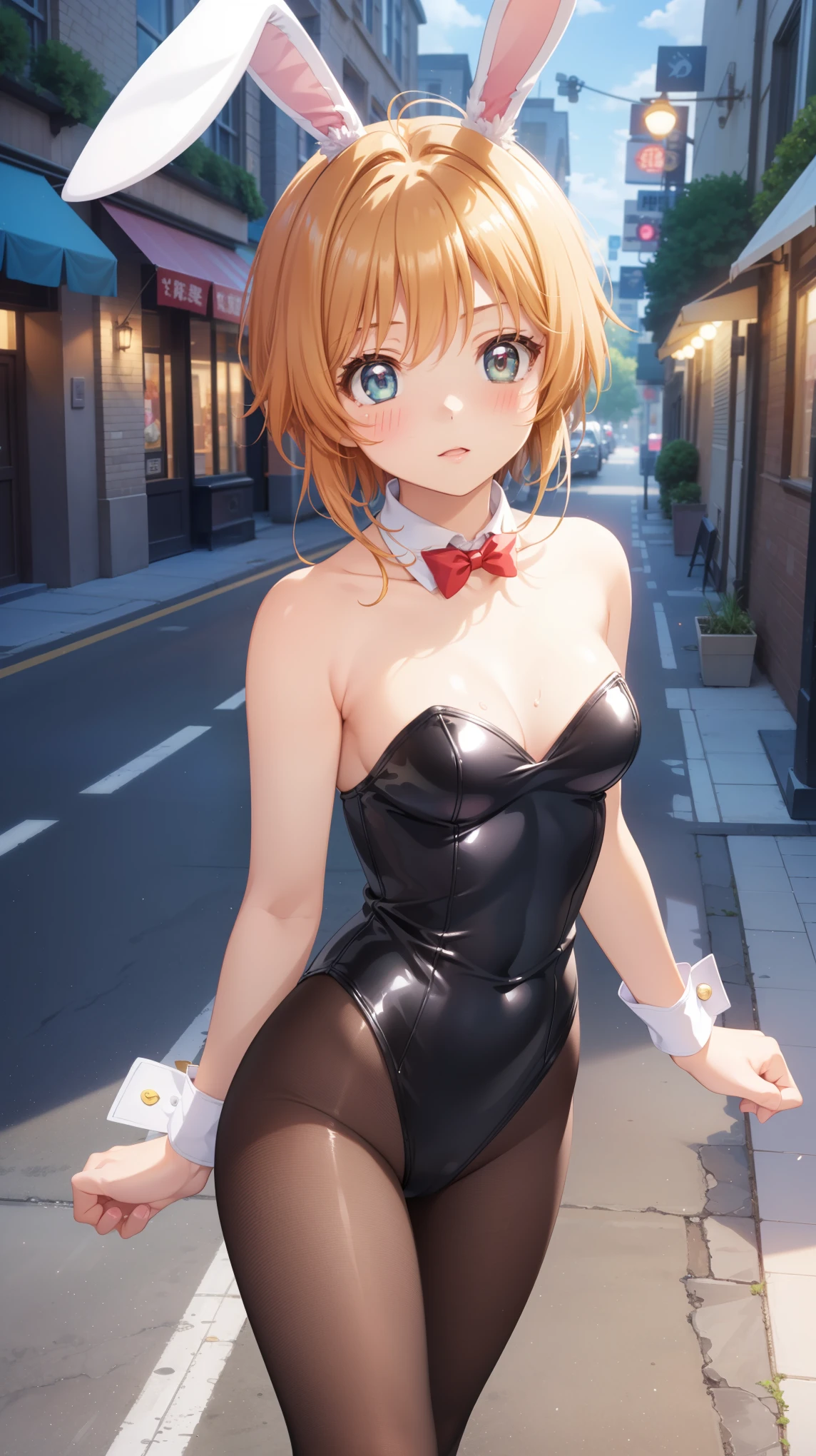 masterpiece, best quality, highres, 1girl, detailed face, blush, anime CG style, (medium breasts), (18 year old girl:1.3), (aged up), good lighting, perfect body, sakura kinomoto, glossy lips, city street, strapless leotard, detached collar, wrist cuffs, fishnet tights, bunny ears