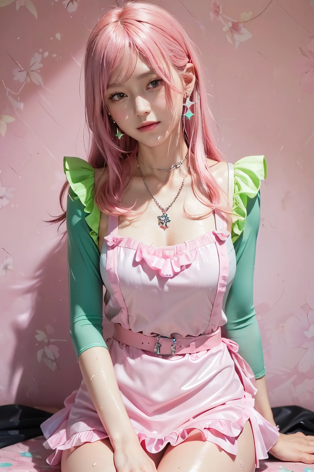 (8K, top-quality, masterpiece:1.2), (reallistic, Photorealsitic:1.37), Super Detail, One girl,), (Highly detailed), (beautifully detailed eyes), (of the highest quality), (super detailed ), (masterpiece), (Detailed face),20yr old, ,1 girl, ((pink hair,long hair)), medium breasts, clothed, Perfect Lighting, BREAK, (shiny neon pink green blue:1.5), (gradient color dress:1.4), (stars hearts glitter pattern:1.3), (glossy wet suit fabric:1.5), (short puffy sleeved bolero:1.2), (sheer lace trimmed camisole:1.2), (frilly sleeves sweetheart neckline blouse:1.3), (mini pleated skirt with apron belt:1.3), (bodycon fit silhouette:1.3), (knee high socks with frills:1.2), (clear platform loafers:1.2), (ribbon choker with charm:1.2), (star earrings heart necklace:1.2), (girly accessories:1.2), BREAK, (high quality:1.5), (upper body to knees:1.3), (long pink hair half up:1.2), (gentle smile:1.2), (slight blush:1.1), (turned head:1.1), (rolled up sleeves:1.2), (touching apron:1.2), (vintage wallpaper background:1.2), (soft natural light:1.2)

