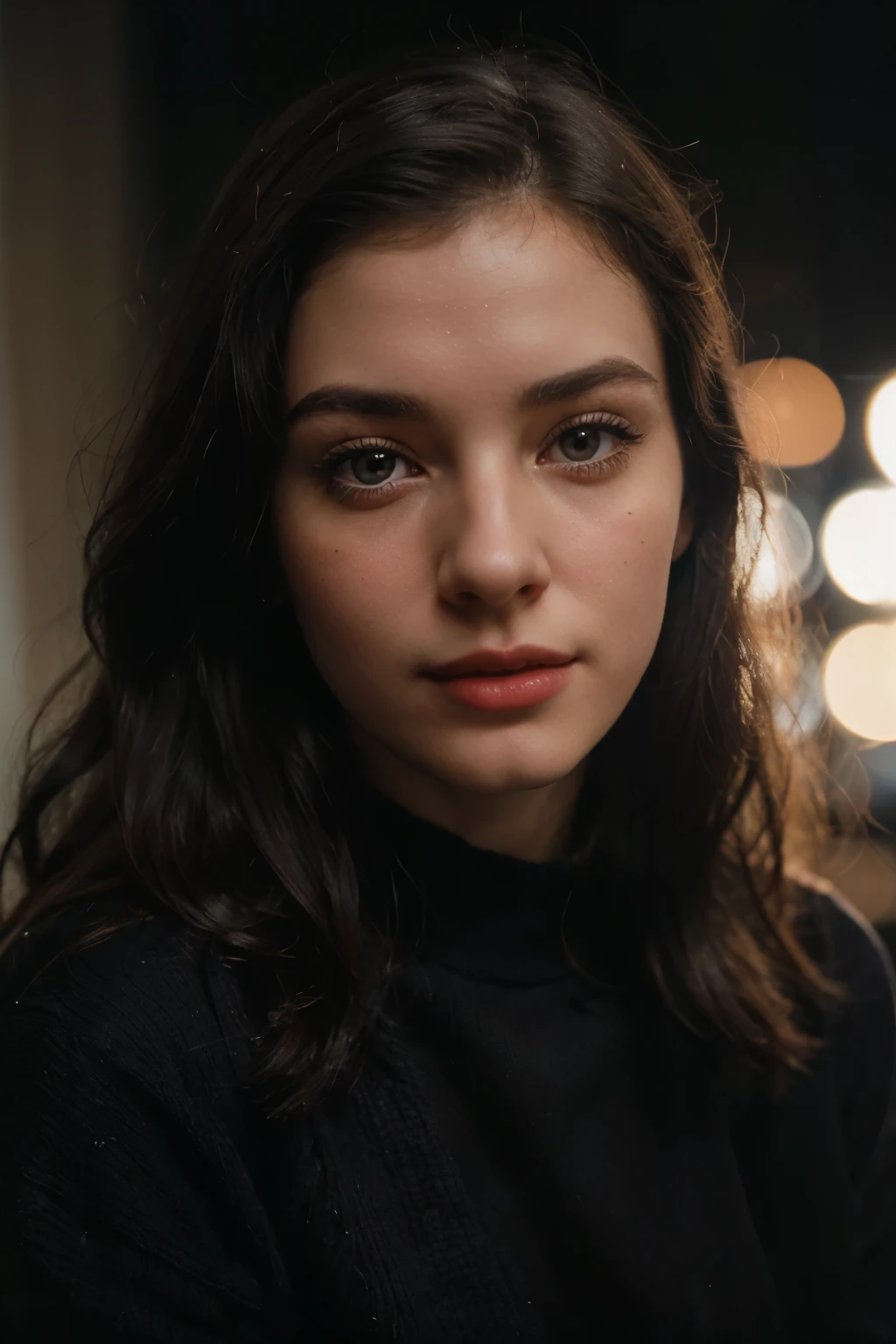 analog photo,silhouette,spotlight,close up portrait,
a beautiful cute young european woman,pale skin,highly detailed face,black hair,
seducing facial expression,wearing a cozy sweater,
1950s,dark background,warm colors,
RAW candid cinema,16mm,color graded portra 400 film,remarkable color,ultra realistic,