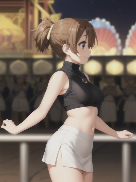 masterpiece,highest quality,High resolution,Super detailed,, 18-year-old, , 

alone, hirasawa ui, I can see your belly button, ((Black sleeveless turtleneck cropped knit、BREAK White mini skirt)),Small pendant、 Big Breasts、誘惑するsmile、(((pantylines))), 

Shiny brown hair, Short Ponytail, Beautiful brown eyes、smile、Sparkling eyes, (Fine grain)、Super detailedな目、Highly detailed face, Highly detailed eyes,

Amusement park at night、(((Profile of a person watching the parade)))、

View Viewer, Cowboy Shot