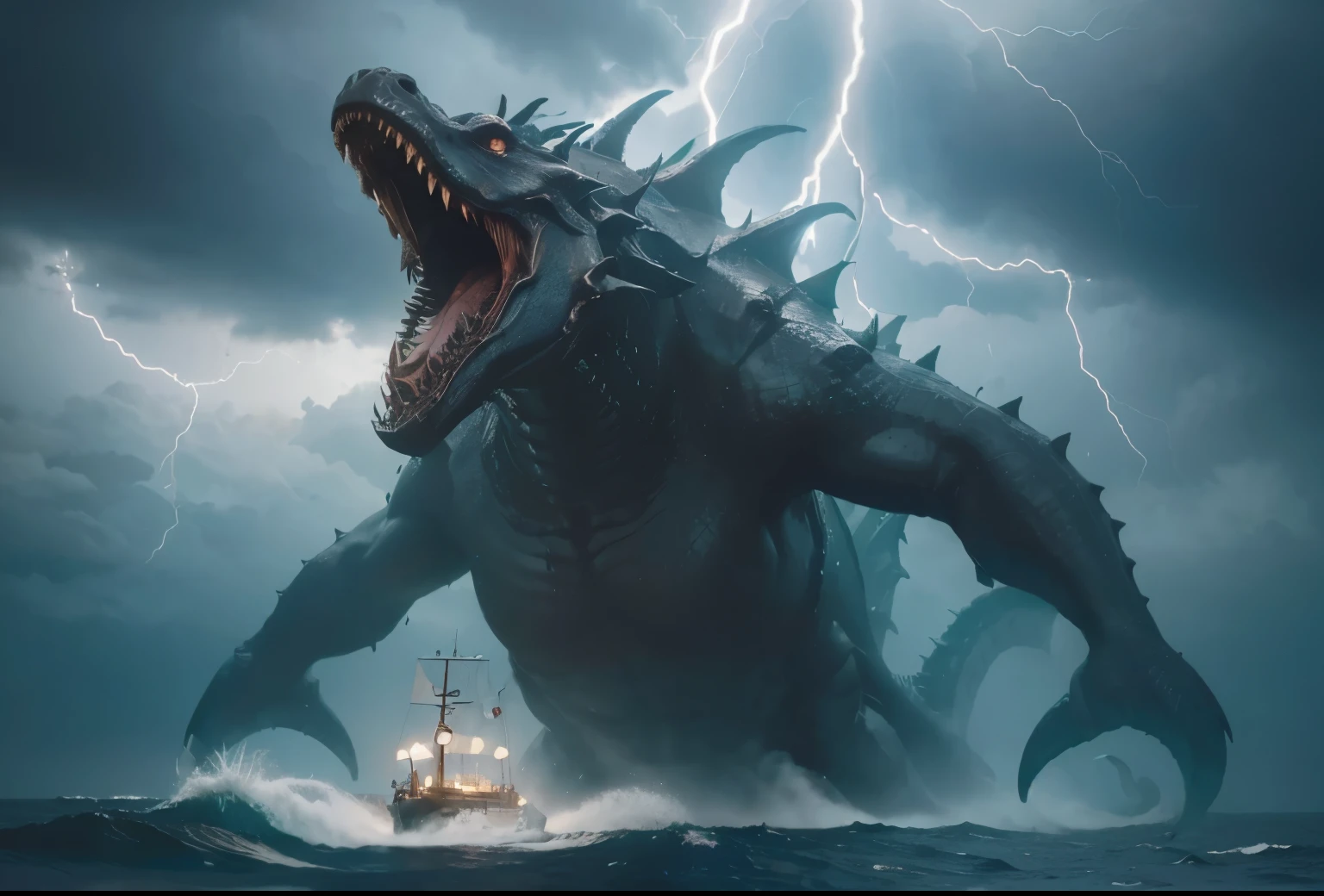 The legendary sea monster emerging from the deep ocean, mythical, finamente detalhado, ((raio)), darkness, Thunder, dragon face, The theme is coherent, A big boat looks small compared to the monster, ver de longe