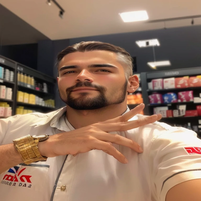 homem pele clara de barba, sideways hair in a store making a peace sign with his hand, foto do perfil 1024px