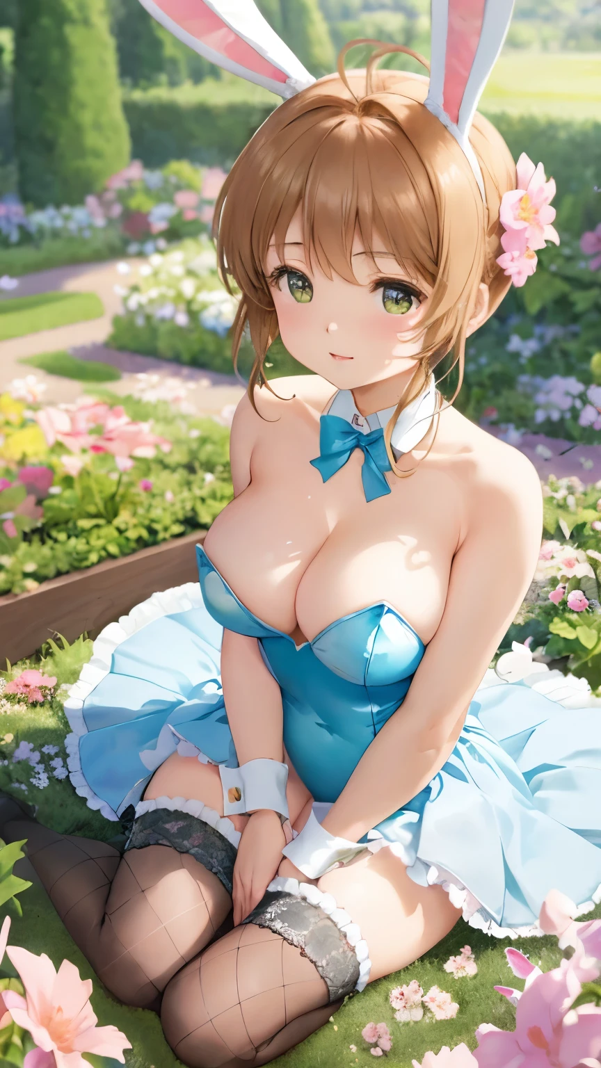 Delicate Composition, hyper detailed, best quality, blurry foreground, dynamic view, 1 girl, (seductive smile:0.6), solo, large breasts, hair in takes, from above, beautiful detailed garden, fluttered detailed petal, grow, bunny ears, detached collar, strapless leotard, wrist cuffs, fishnet tights, kinomoto sakura