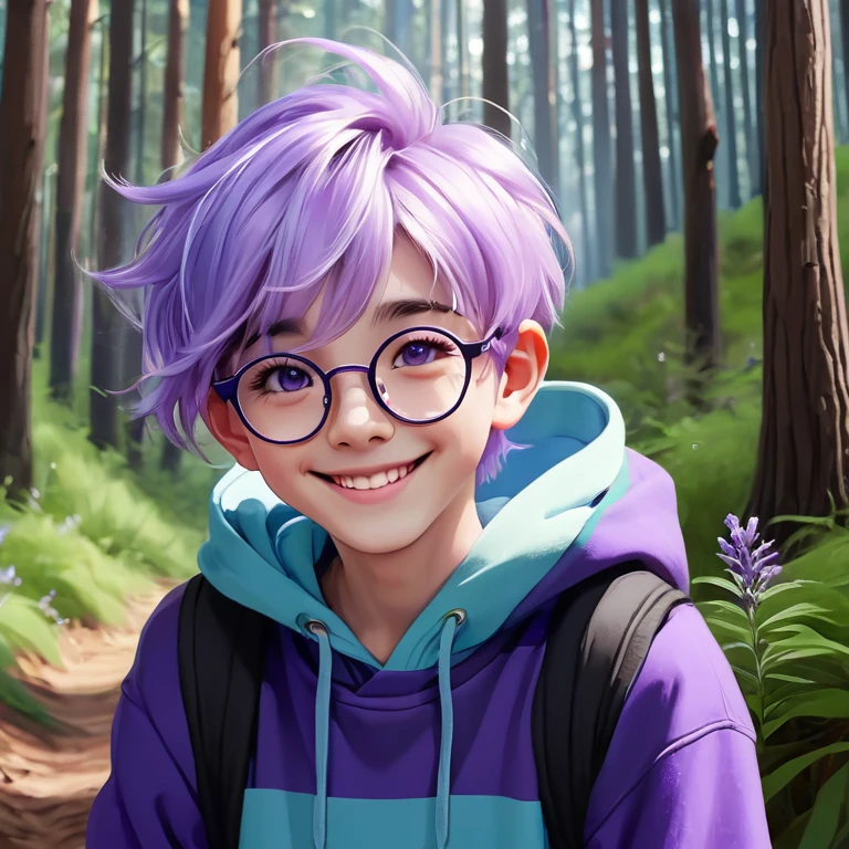 boy with lavender hair, purple eyes, blue hoodie, black pant, eyeglasses, forest, smile