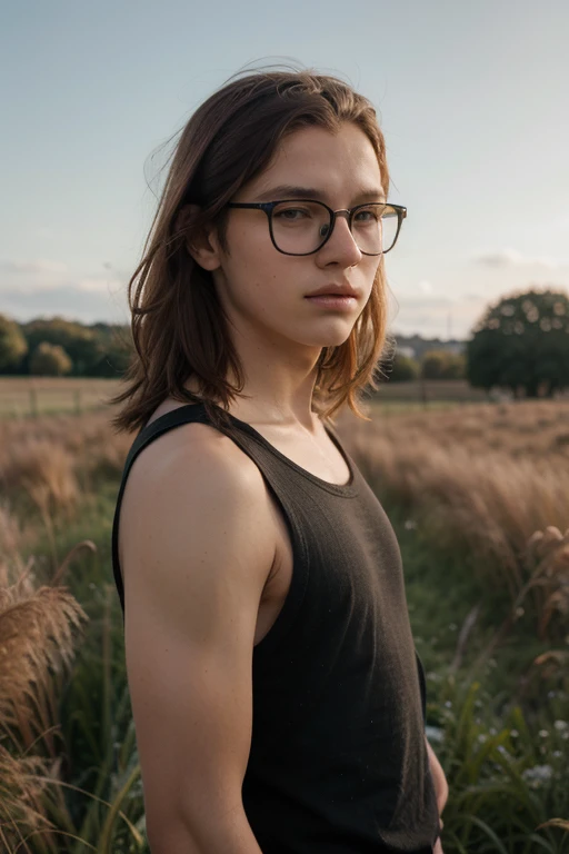 Adolescent; Red-haired boy: Hair reaching down to the shoulder; Black eyes; Prescription black glasses; Brown skin; Field with green grass and blue sky; Facing; He is standing.