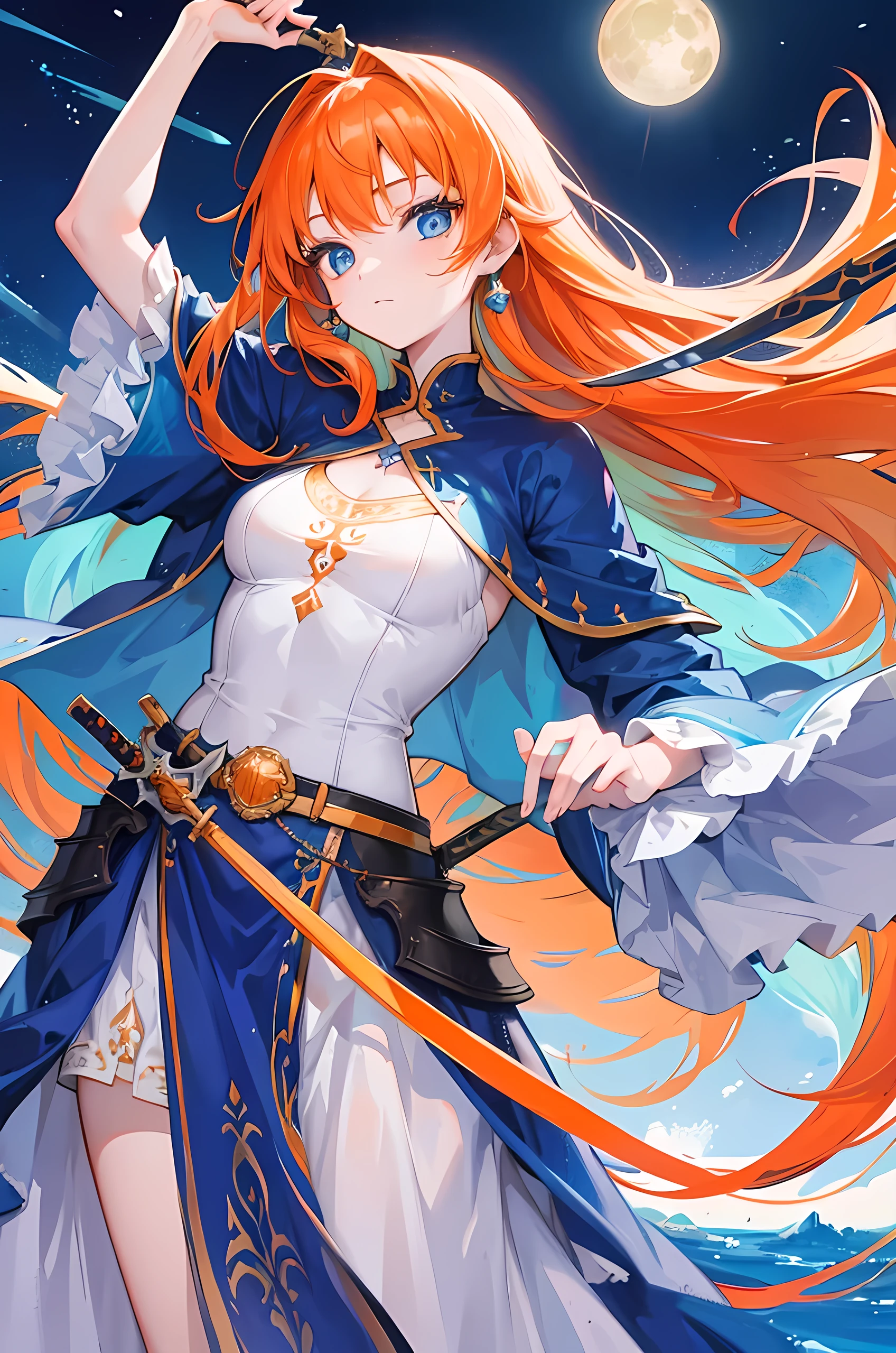 Young girl, orange long hair, blue eyes, with sword, like princess