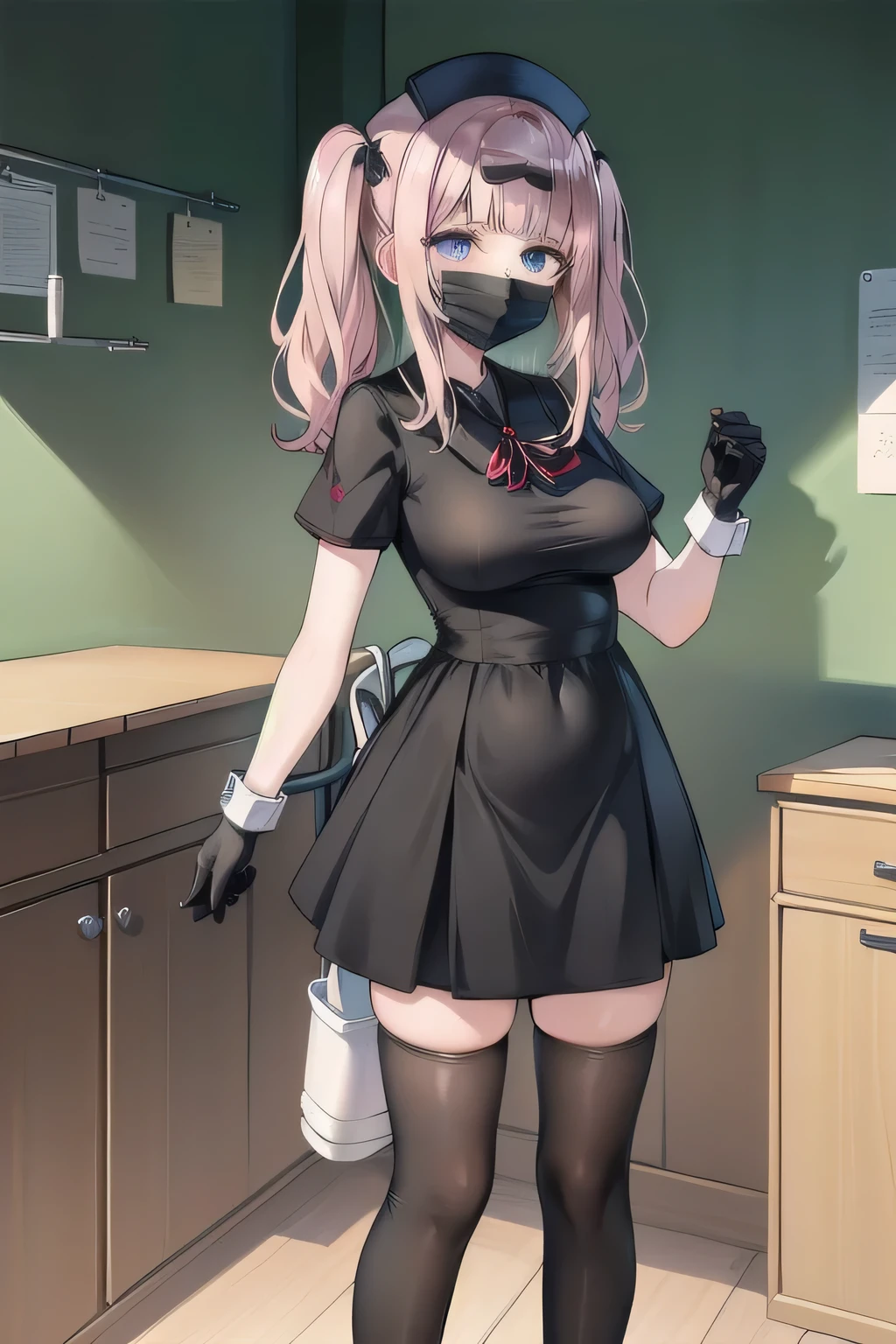 black nurse, 1girl, solo, black nurse cap, black wear, ((black legwear, zettai ryouiki)), black elbow gloves, twintails, yellow hair, purple eyes, ((black surgical mask, covered nose)), standing, ((surgery room)), sharp outline, short sleeves, best quality, masterpiece