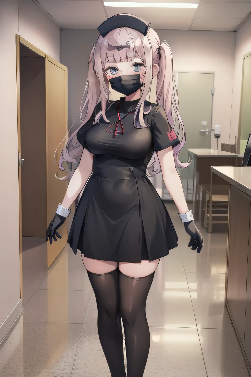 black nurse, 1girl, solo, black nurse cap, black wear, ((black legwear, zettai ryouiki)), black elbow gloves, twintails, yellow hair, purple eyes, ((black surgical mask, covered nose)), standing, ((surgery room)), sharp outline, short sleeves, best quality, masterpiece