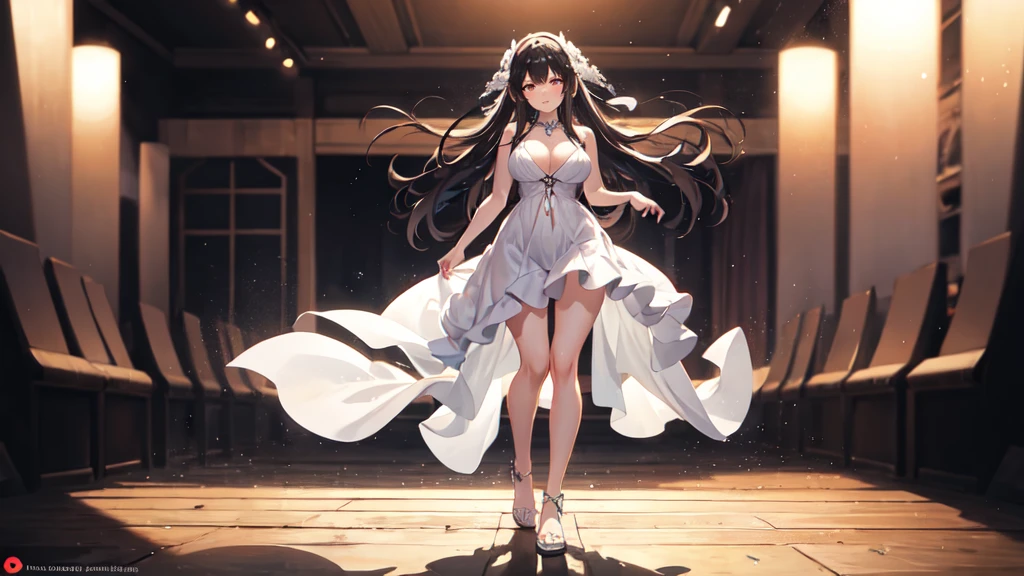 ((best quality)), ((masterpiece)), (detailed), 完美Body,Best body shape,best quality, masterpiece, High resolution, 1 Girl,blush,(Charming smile:0.8),Star-shaped pupil,Dress,Hair accessories,,Pretty Face,Above_Body, ,Full breasts,Complete,Tyndall effect,Reality, Dark Studio, Edge lighting, Two-tone lighting,(High Detail Skin:1.2), 8K uhd, Digital SLR Camera,Wide Angle,Third person perspective,Full body shot, soft light, high quality, Volumetric Lighting, frank, photo, high resolution, 4k, 8K, Bokeh,huge ,Wide hips,(National Foundation:0.6),