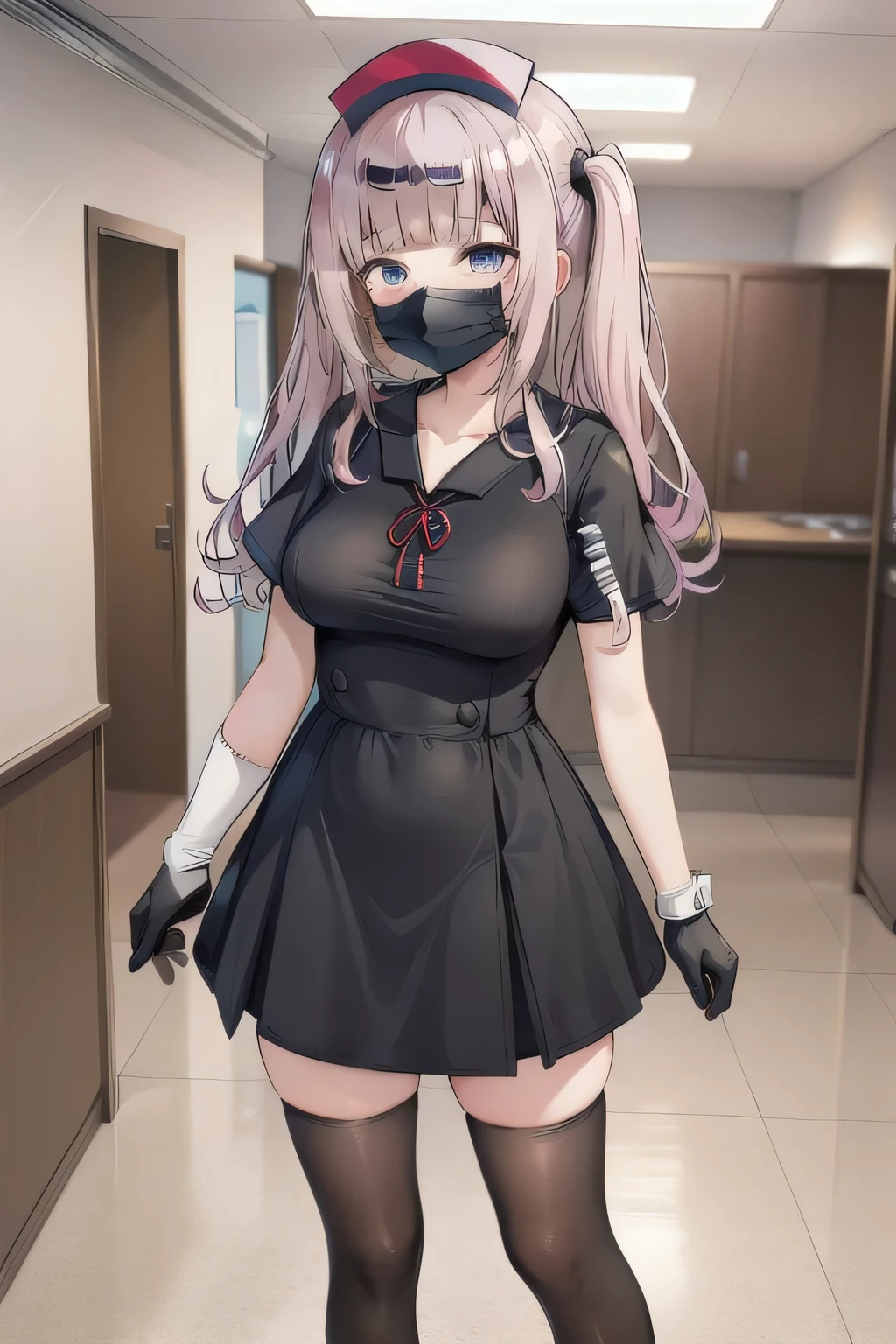 black nurse, 1girl, solo, black nurse cap, black wear, ((black legwear, zettai ryouiki)), black elbow gloves, twintails, yellow hair, purple eyes, ((black surgical mask, covered nose)), standing, ((surgery room)), sharp outline, short sleeves, best quality, masterpiece