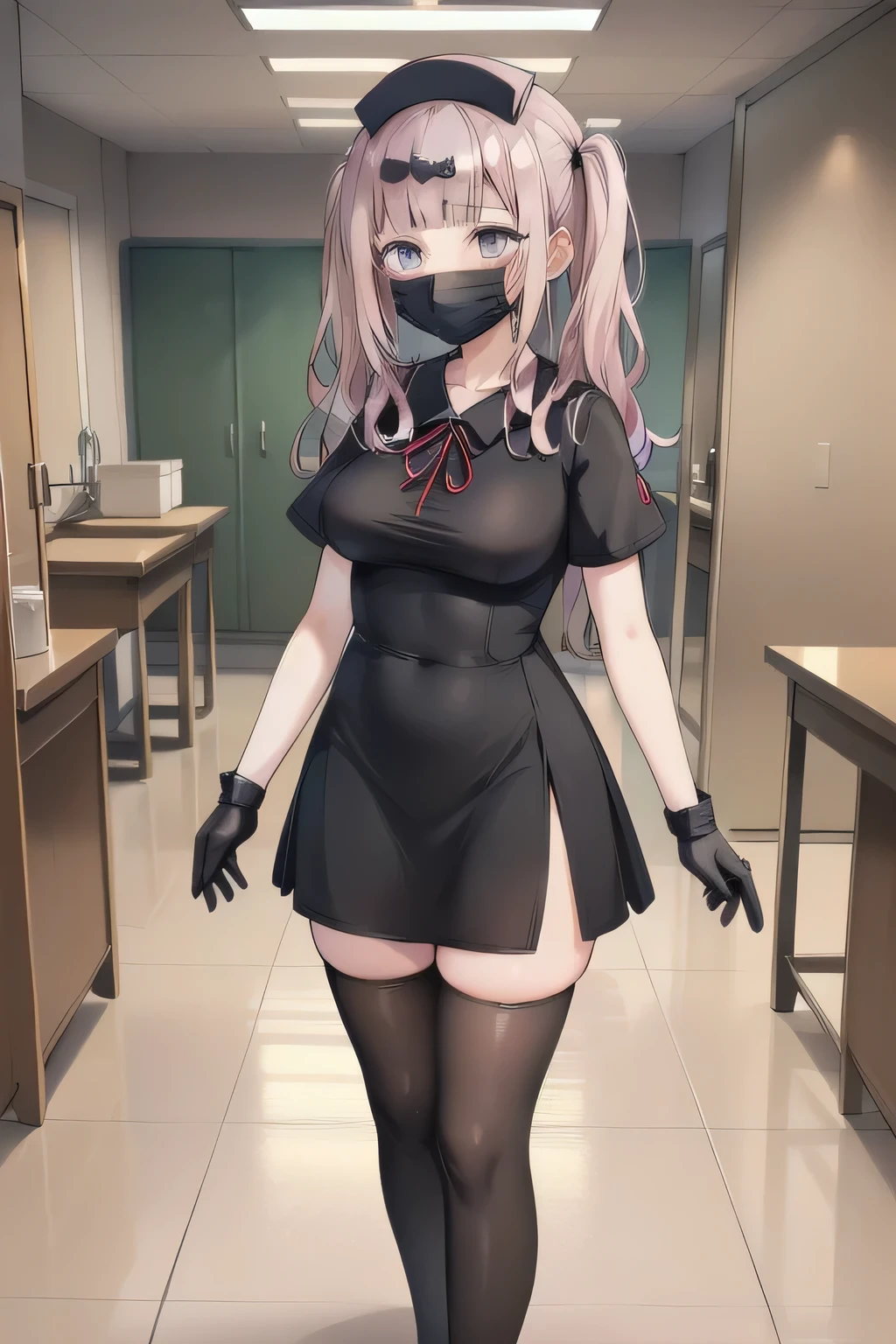 black nurse, 1girl, solo, black nurse cap, black wear, ((black legwear, zettai ryouiki)), black elbow gloves, twintails, yellow hair, purple eyes, ((black surgical mask, covered nose)), standing, ((surgery room)), sharp outline, short sleeves, best quality, masterpiece