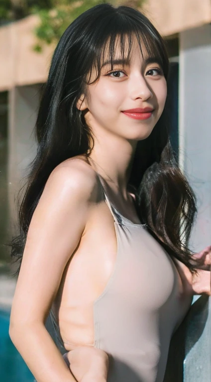 Cute big tits, Japanese girl, Swimwear White one piece swimsuit,Place your arms behind your back,Sea Beach, huge 、look、Low-contrast denim lenses, (smile:0.8), Double Tail, Hair Ring, Glowing Skin, The best quality at its best, Ultra-high resolution, Photographic realism, Super detailed, 8k, RAW Photos, Masseter Film