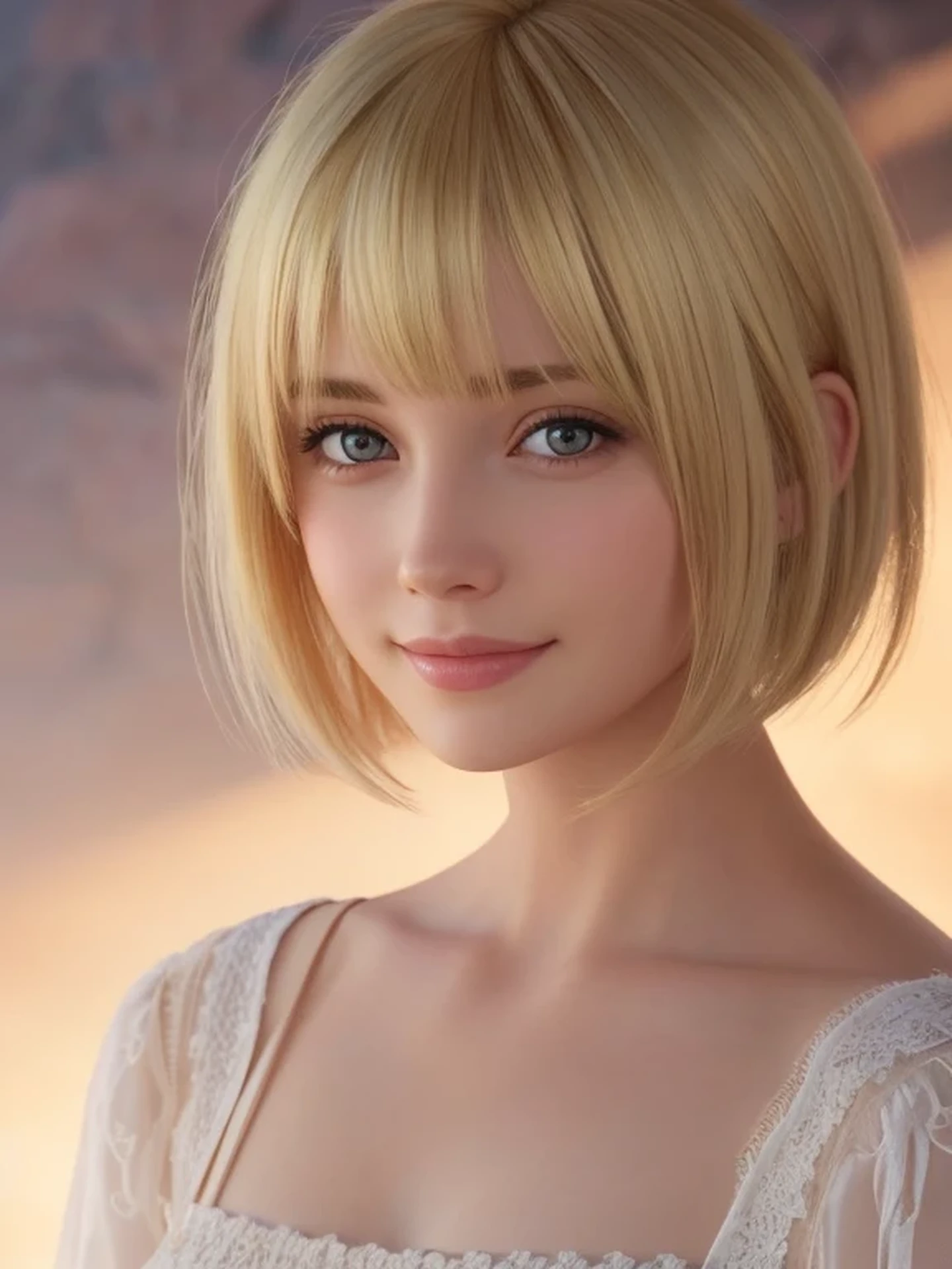 Close-up head, To the camera, Realistic digital painting of a woman portrait, Shy, Cute Smile, (short Hair:1.1), (Blonde Hair:1.3), (Highly detailed skin:1.2), Mystical style, Global Illumination,