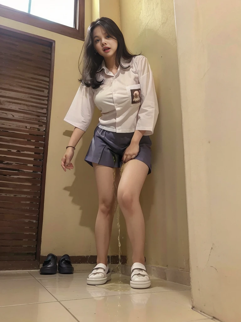 (masterpiece, best quality:1.2), (realistic,photo-realistic:1.4), RAW photo, highres, extremely detailed, intricate details, cinematic lighting, (front view, view from below:1.3), girl showing her panty, show underwear, standing, open legs, view to front, view to camera, wear underwear, visible underwear, Indonesian face, bedroom situation, Girl wets herself from fear while being threatened, peeing herself:1.3, view from below, (full body,loafers:1.5), large breasts, detailed eyes, detailed face, fine-textured skin, pale skin, (peeing self,urination:1.4),(ashamed:1.2), desperate for peeing, wetting her clothes, pee runing down her legs, pee desperation pose, pee desperate face, big pee pudle, indoors, photo background,