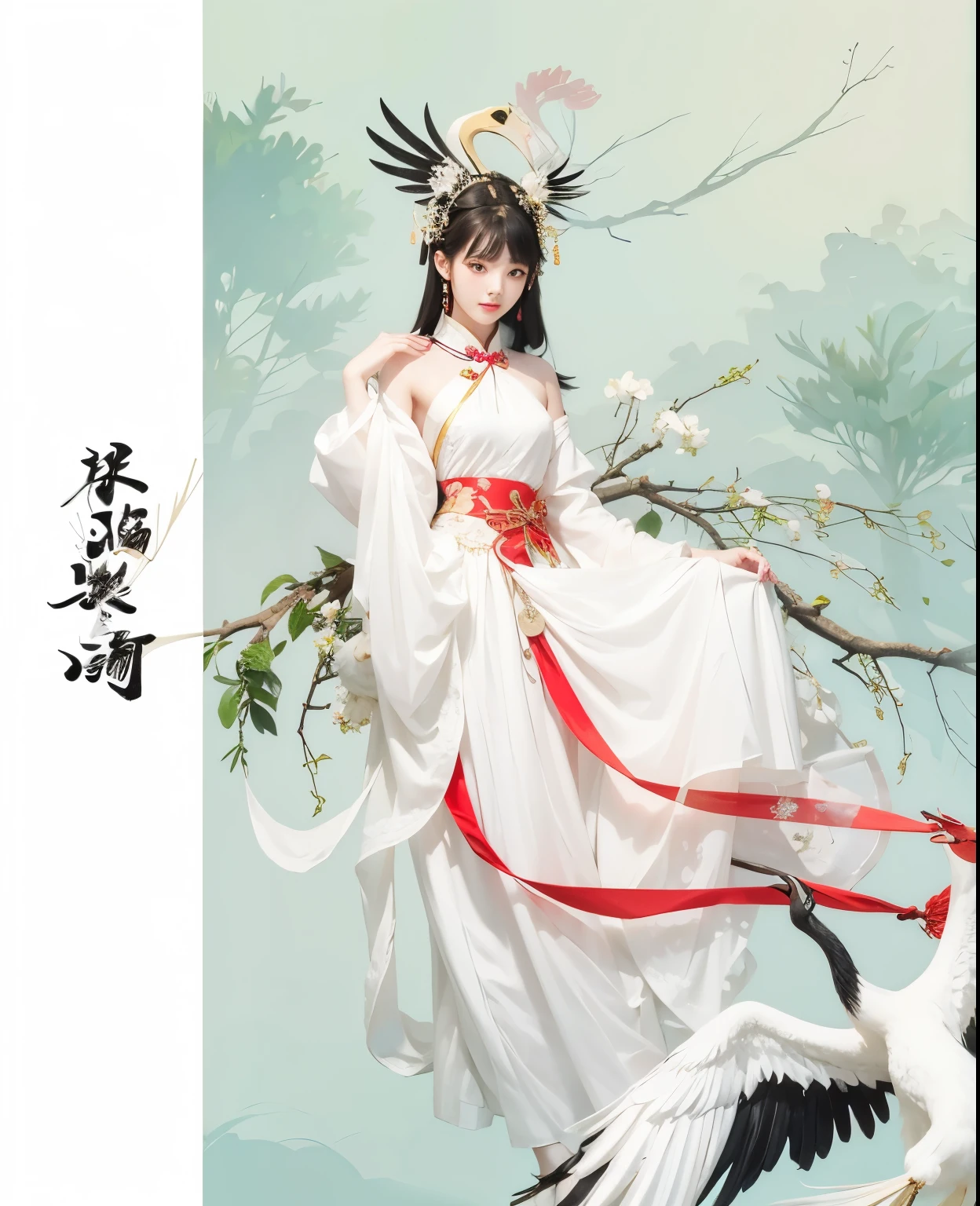 Chinese female college students，Fairy Costume，Crane accessories，（（Holding a Chinese crane in hand：1.5）），Black and white floral skirt，((best quality)), ((masterpiece)), (detailed)