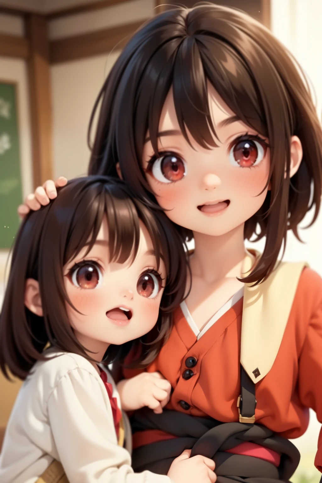 Megumin have black hair, red Eyes) with her 3 little daugheters Esmeralda, Ariarose and Ruby: Esmeralda have brown hair , red eyes). Ruby have Red Hair, green eyes), AriaRose have Black hair, blu eyes)