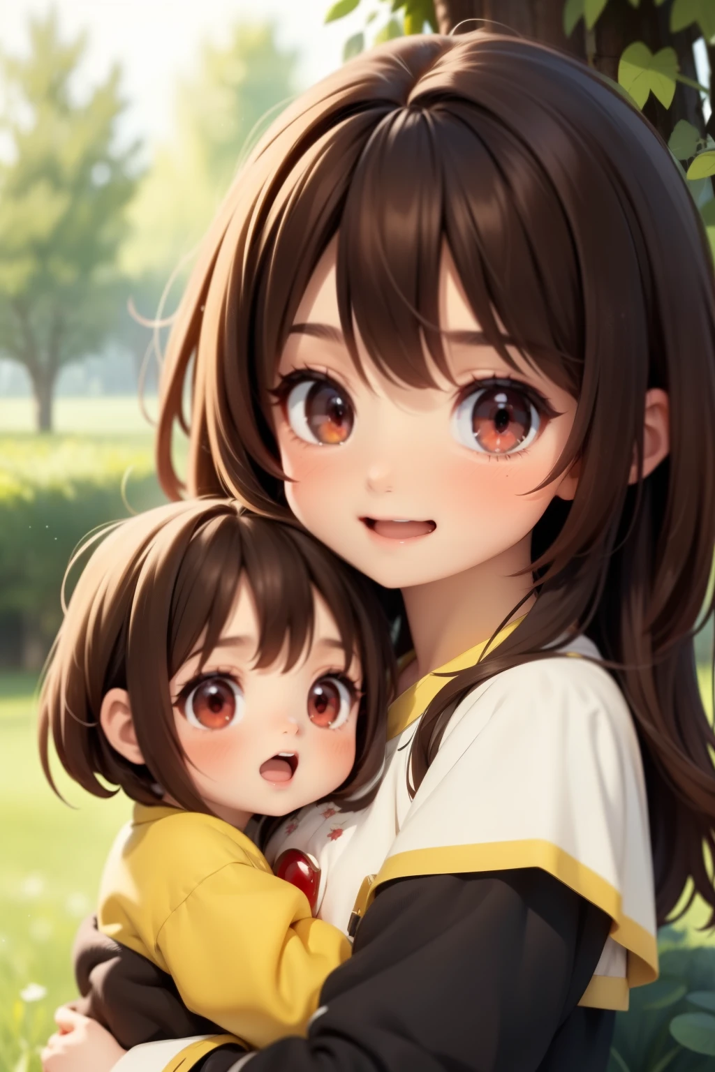 Megumin have black hair, red Eyes) with her 3 little daugheters Esmeralda, Ariarose and Ruby: Esmeralda have brown hair , red eyes). Ruby have Red Hair, green eyes), AriaRose have Black hair, blu eyes)