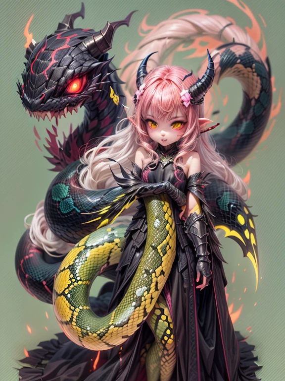 a small demonic creature, female, adult face, lamia, three big glowing green eyes, no pupils, demonic attire, female demon, demon claws, armor, snake scales instead of skin, red and dark pink and black, full body, snake tail, Demon Girl, gothic demon attire, lamia, three big glowing green eyes, no pupils, demonic attire, female demon, demon claws, armor, snake scales instead of skin, glowing blind eyes, colourful, red black and golden, many colours, full body, missing nosea small demonic creature, female, adult face, lamia, three big glowing green eyes, no pupils, demonic attire, female demon, demon claws, armor, snake scales instead of skin, red and dark pink and black, full body, snake tail in green, glowing green eyes, green snake tail, pink attire, glowing green eyes