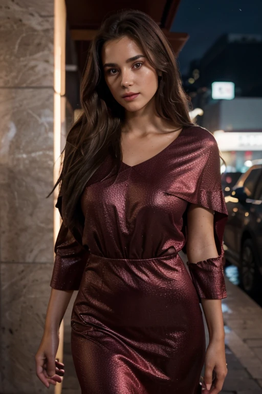 Beautiful 24 year old girl, long brown hair, russian,innocent look, seductive look, no makeup, natural beauty, hyperealistic skin texture, 8K from a red cinematography camera, , "(8k, RAW photo, highest quality, masterpiece: 1.2), 24 years old ultra-fine depiction, clearly visible, girl with dark hair film Kodak iso 400, hyperrealism, detailed skin texture. she at a expensive Restaurant in Miami Beach she is wearing a burgundy dress. its during the night in Miami florida, cinematic shot, shot in iPhone 15.