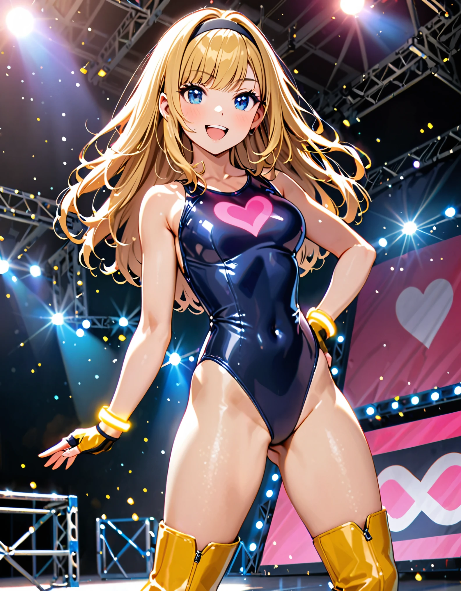 masterpiece, best quality, 1girl, ((bangs, blonde hair, armpit-length hair)), ((black headband)), blue eyes, beautiful detailed eyes, beautiful detailed face, cute face, perfect hands, complete fingers, perfect anatomy, perfect proportions, ((leotard, gymnastics leotard, dark blue leotard)), ((boots, yellow boots, yellow footwear, high heels)), breasts, medium breasts, covered navel, ((blue fingerless gloves, yellow bracelets)), (full body portrait), hand on hip, hands on hips, ((pink heart logo on chest)), (stage lights), looking at viewer, smile, :d, solo, solo focus, standing, body infused with yellow aura, cowboy shot