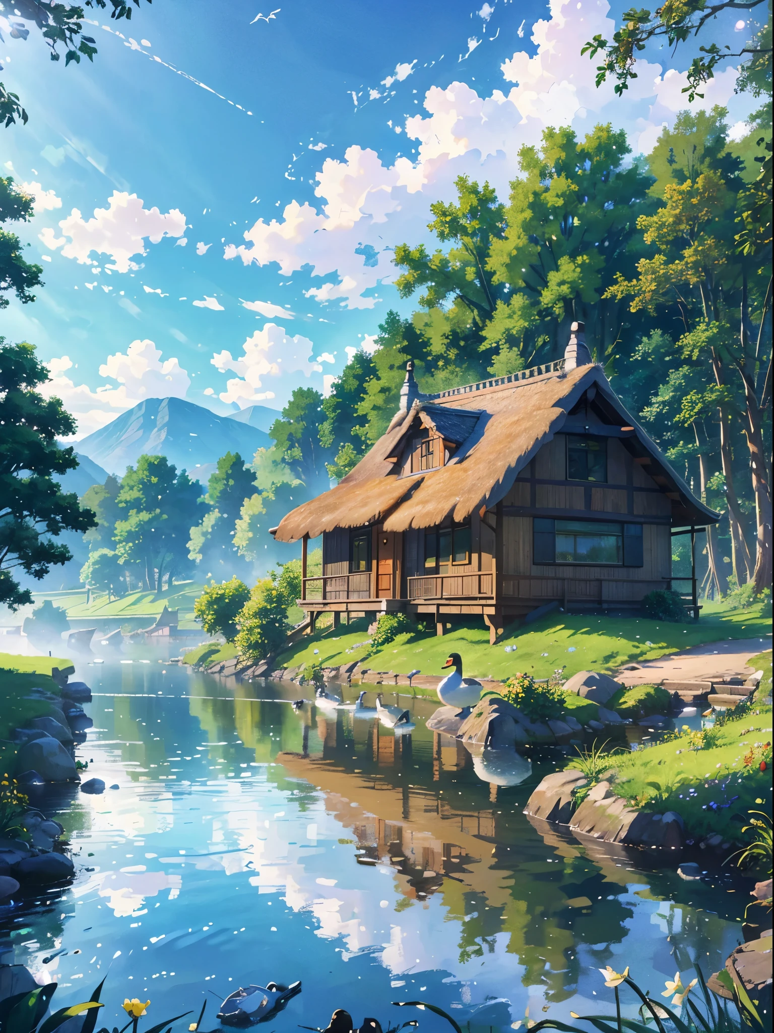 a cottage in front of a beautiful riverside, lush green meadow, blue sky with fluffy white clouds, (best quality,4k,8k,highres,masterpiece:1.2),ultra-detailed,(realistic,photorealistic,photo-realistic:1.37),vibrant colors,natural lighting,detailed architecture, thatched roof, wooden beams, stone walls, window boxes with colorful flowers, reflections in the calm river, ducks swimming, weeping willows along the riverbank, rolling hills in the distance, idyllic pastoral scene
