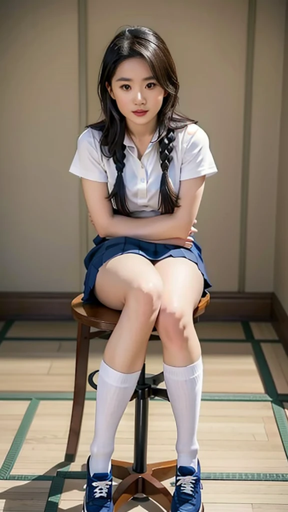 there is a woman sitting on the floor in a uniform, hyperrealistic schoolgirl, a hyperrealistic , cute , of a posing, realistic , realistic young gravure idol, pretty face with arms and legs, young sensual gravure idol, dressed as , wearing skirt and high socks, japanese girl