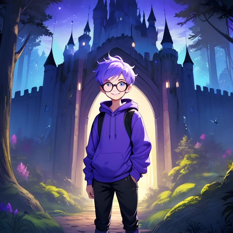 boy with lavender hair, purple eyes, blue hoodie, black pant, eyeglasses, forest, smile, deep forest, castle, fantasy, night