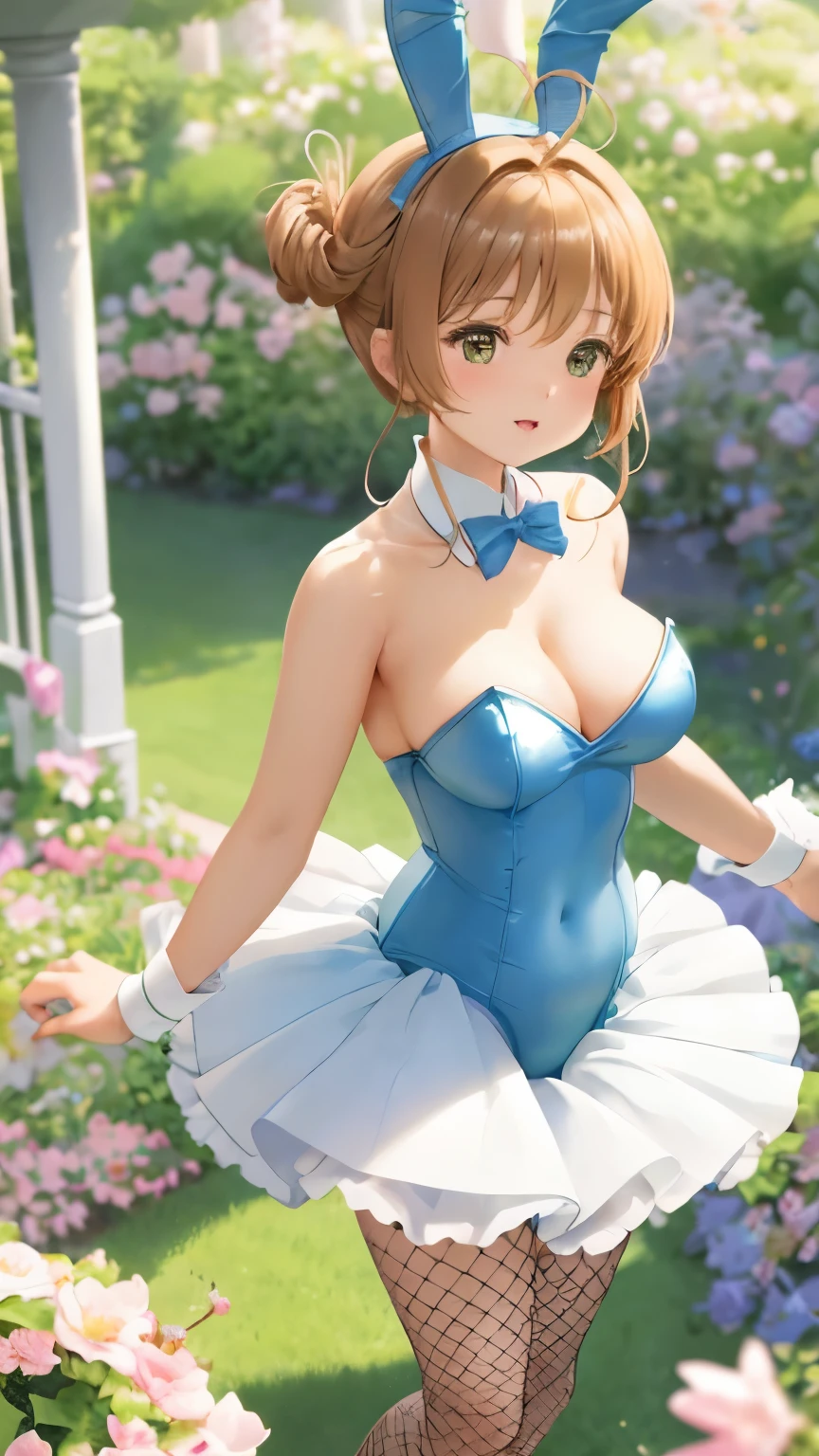 Delicate Composition, hyper detailed, best quality, blurry foreground, dynamic view, 1 girl, (seductive smile:0.6), solo, large breasts, hair in takes, from above, beautiful detailed garden, fluttered detailed petal, grow, bunny ears, detached collar, strapless leotard, wrist cuffs, fishnet tights, kinomoto sakura, standing