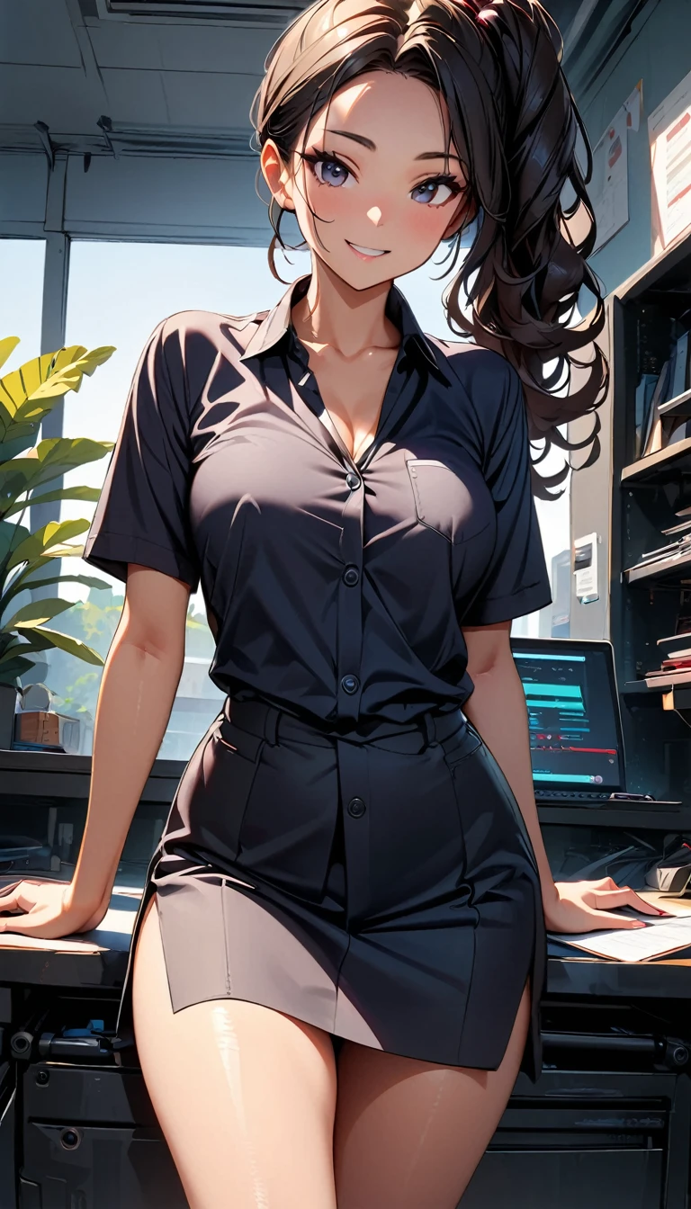 (highest quality:1.2, Very detailed, up to date, Vibrant, Ultra-high resolution, High Contrast, masterpiece:1.2, highest quality, Best aesthetics), Beautiful female mechanic, sexy, Office Casual,Best Body Line, Black beautiful eyes, A professional and confident smile, Detailed facial features, Elegant hairstyle, detailed machine, The job description on the wall, neatly organized desk, Precision work, Adorable,