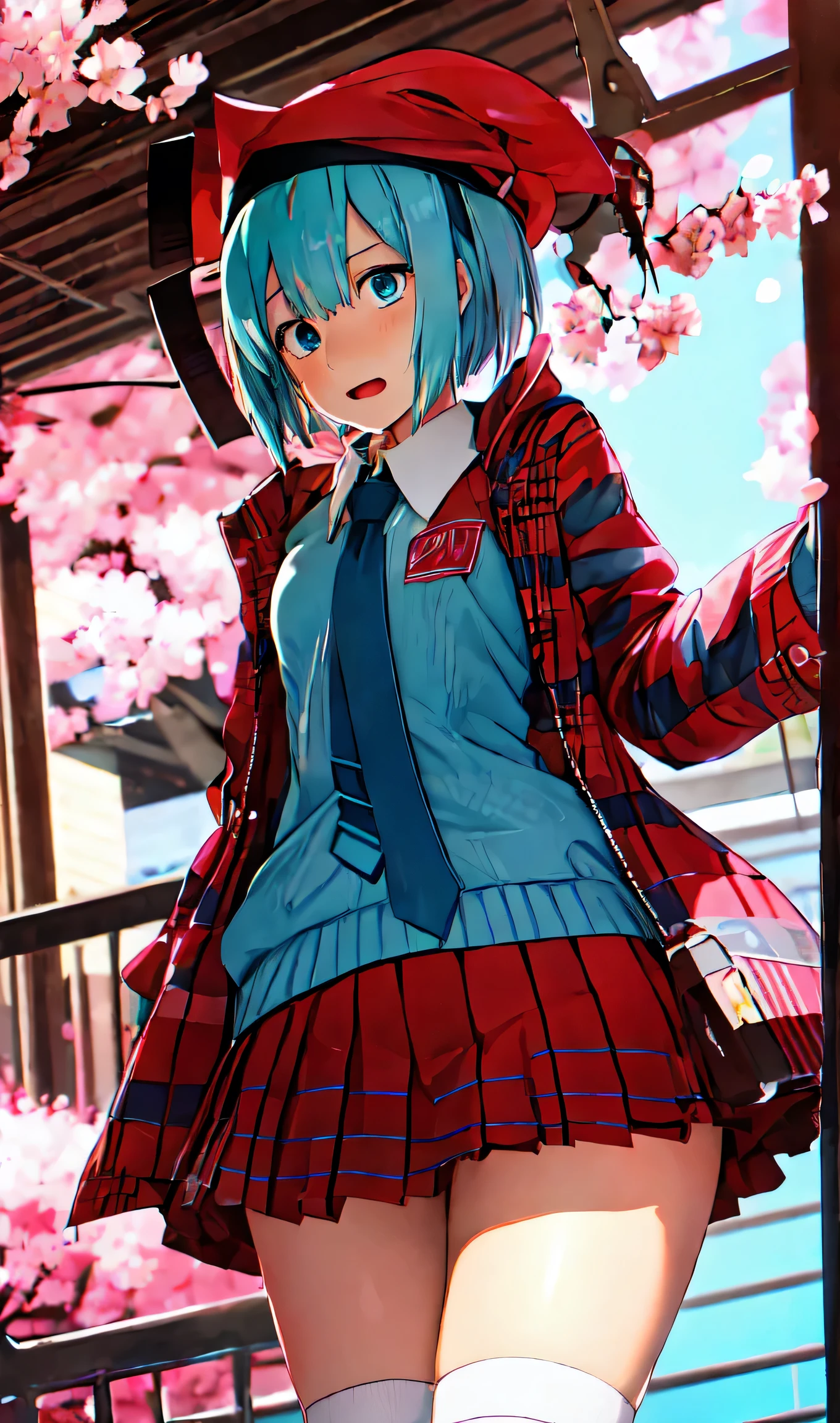 hair over one eye、shortcut、sit、Hatsune Miku、hair above one eye, asymmetrical bangs,Standing picture、loose socks、cherry blossoms、cherry blossomsの花びら、cherry blossoms舞う、Hatsune Miku、gradient color hair、tie hair、colorful hair、cross-eyed、messy hair、blunt bang cut、pleated skirt、black shirt、striped hair、messy hair、Sloppy、cross-eyed、drunk、( fool / sexual ecstasy)、highest quality, realistic, Super delicate illustration, beautiful and charming anime girl, slender body, tied hair, one girl, girl pictures, full body shot, beautiful blue eyes,