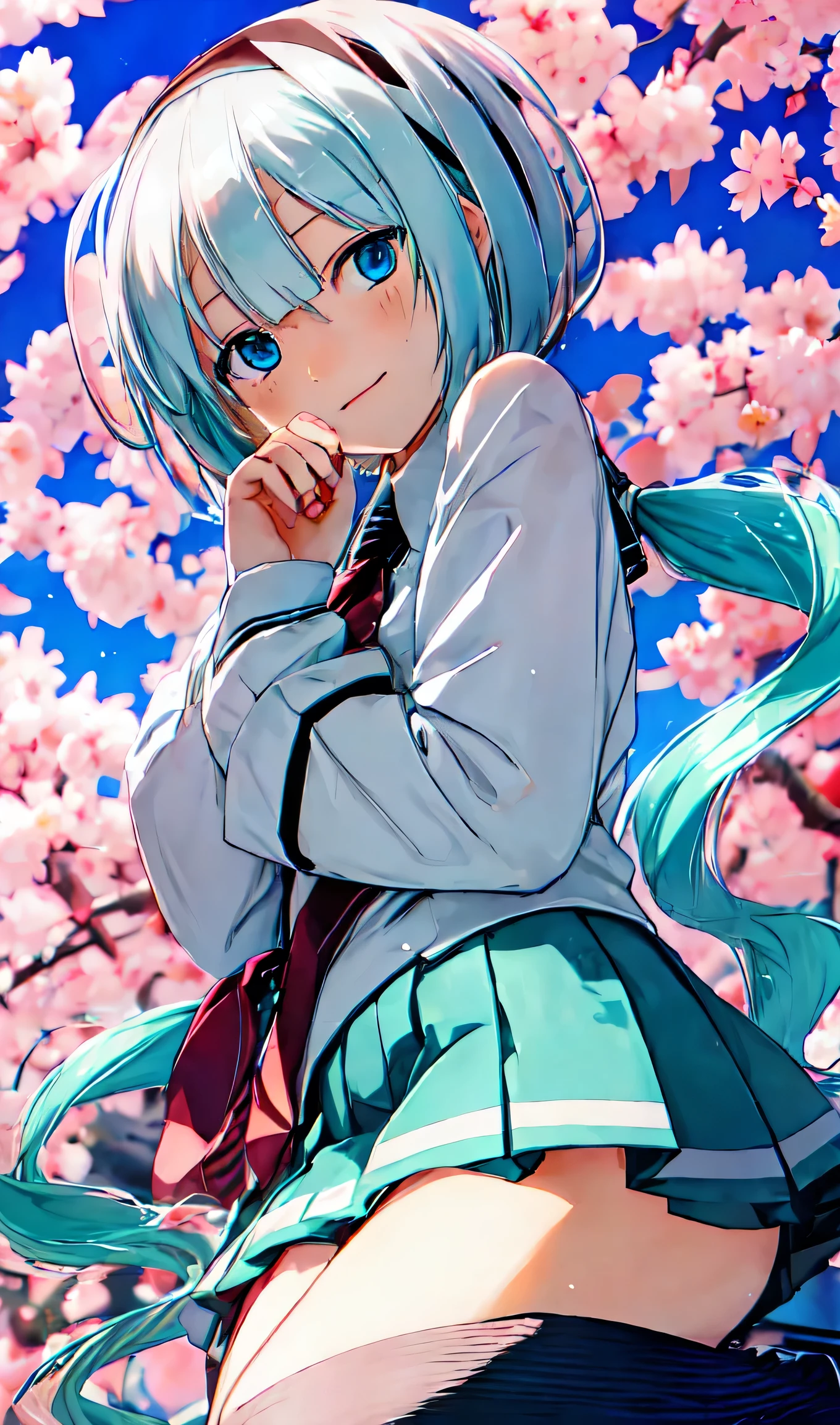 hair over one eye、shortcut、sit、Hatsune Miku、hair above one eye, asymmetrical bangs,Standing picture、loose socks、cherry blossoms、cherry blossomsの花びら、cherry blossoms舞う、Hatsune Miku、gradient color hair、tie hair、colorful hair、cross-eyed、messy hair、blunt bang cut、pleated skirt、black shirt、striped hair、messy hair、Sloppy、cross-eyed、drunk、( fool / sexual ecstasy)、highest quality, realistic, Super delicate illustration, beautiful and charming anime girl, slender body, tied hair, one girl, girl pictures, full body shot, beautiful blue eyes,