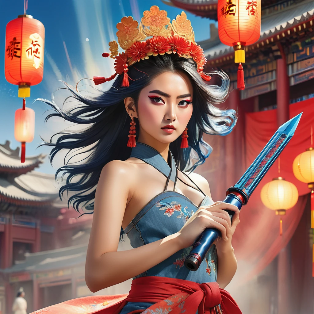 Best quality, masterpiece, super detailed high resolution, (realistic: 1.4), watercolor style, illustration, dazzling background color, 1 topless Girl Holding Weapon, (Solo Exhibition: 1.2), (Denim Lens: 1.2), (Hair Crown: 1.2), Chinese Dunhuang Traditional Costume, No Straps, (Red Eyeliner: 1.2), (: 1.4), Earrings, Dynamic Angle, Opera House, messy_long_hair, Ink, Movie Lights, lens_flare, Velvet, Chrysanthemum, Tassels, Ribbons, Color Embroidery,