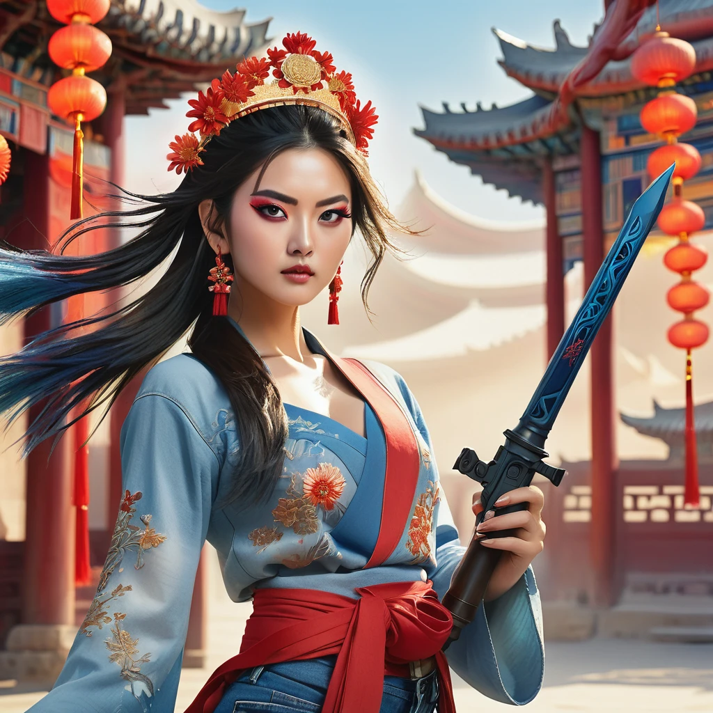 Best quality, masterpiece, super detailed high resolution, (realistic: 1.4), watercolor style, illustration, dazzling background color, 1 topless Girl Holding Weapon, (Solo Exhibition: 1.2), (Denim Lens: 1.2), (Hair Crown: 1.2), Chinese Dunhuang Traditional Costume, No Straps, (Red Eyeliner: 1.2), (: 1.4), Earrings, Dynamic Angle, Opera House, messy_long_hair, Ink, Movie Lights, lens_flare, Velvet, Chrysanthemum, Tassels, Ribbons, Color Embroidery,