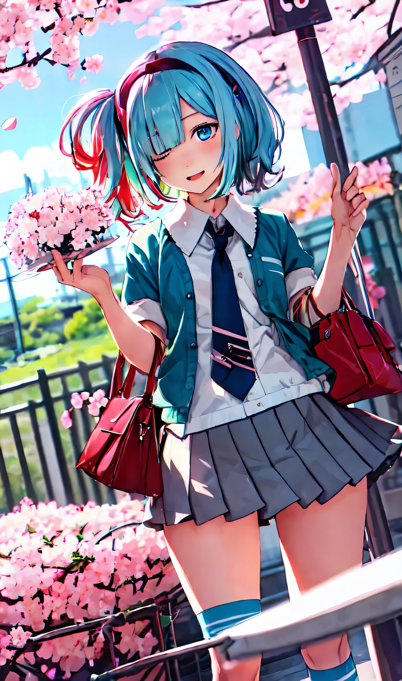 hair over one eye、shortcut、sit、Hatsune Miku、hair above one eye, asymmetrical bangs,Standing picture、loose socks、cherry blossoms、cherry blossomsの花びら、cherry blossoms舞う、Hatsune Miku、gradient color hair、tie hair、colorful hair、cross-eyed、messy hair、blunt bang cut、pleated skirt、black shirt、striped hair、messy hair、Sloppy、cross-eyed、drunk、( fool / sexual ecstasy)、highest quality, realistic, Super delicate illustration, beautiful and charming anime girl, slender body, tied hair, one girl, girl pictures, full body shot, beautiful blue eyes,