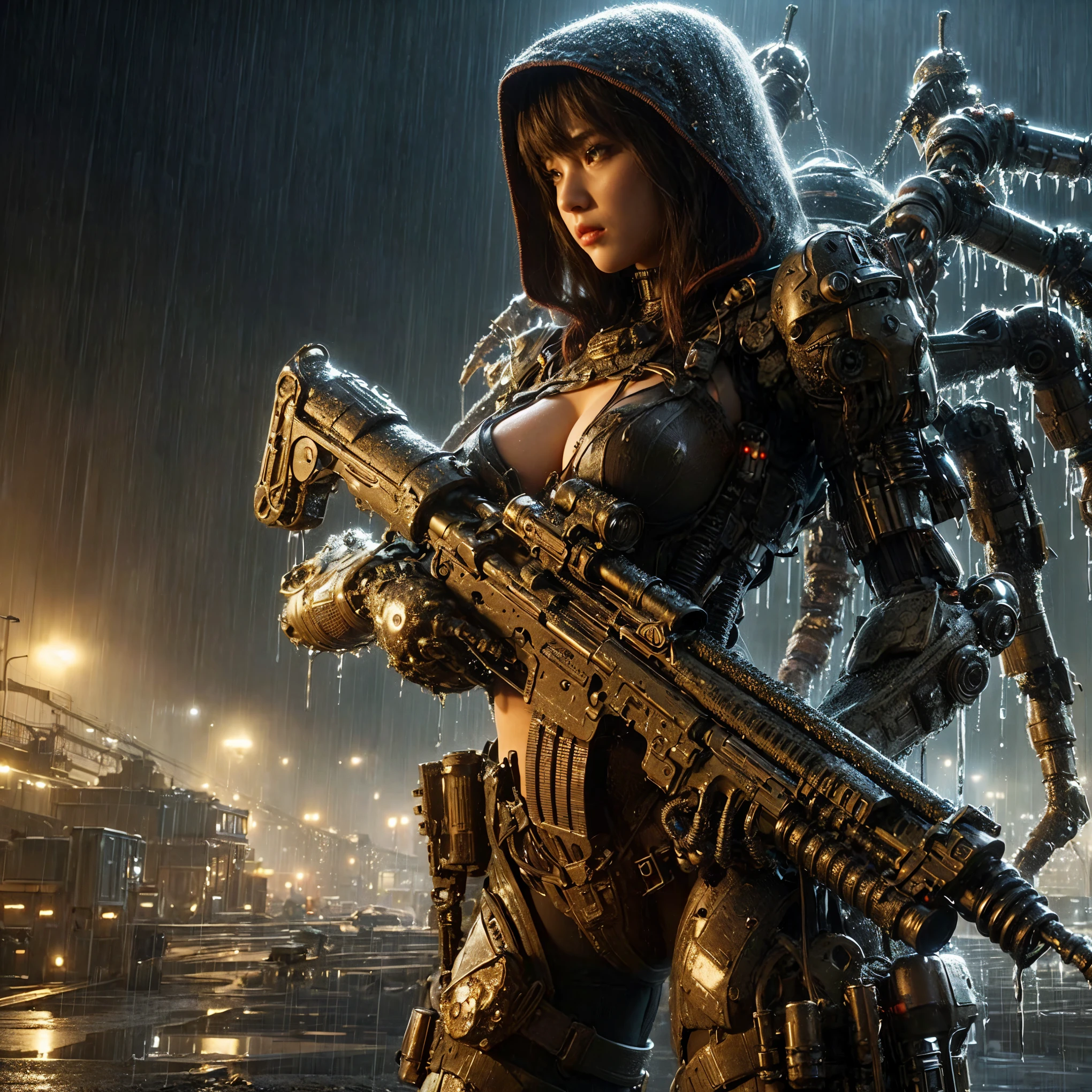 (Very intricate details)、(Extremely realistic texture) 、gloss々Texture、Squid-like raw material designed by Hajime Katoki々New Bio Insect Armor、1 person、Beautiful female soldier、Heavy Armor、Firearms、Backpack Weapons、Ultra-realistic、Full Body Shot、Night view of the bayside industrial area、Cinematic lighting