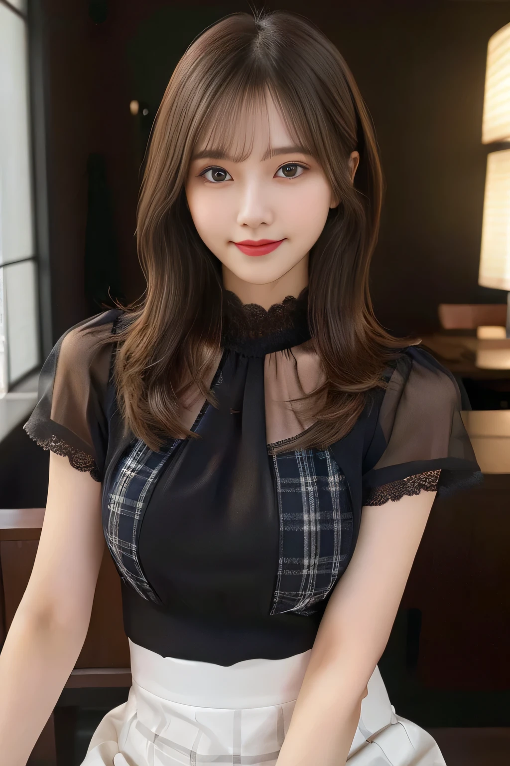 8K, masterpiece, RAW photo, highest quality, realistic, Highly detailed CG Unity 8K wallpaper, written boundary depth, cinematic light, Lens flare, ray tracing, (very beautiful face, beautiful lips, Beautiful drooping eyes), ((super dense skin)) 1 girl, in the dark, ((exposed nipples)), Japanese, idol face, 1 girl, (very slim slender fit-muscled body:1.3), ((looking at the viewer)),(smile:1.3), ((Blouse with lace)), (short sleeve) ,clear eyes, (white skin), (Big eyes), look forward to, (brown straight hair),((plaid skirt)), (looking at the viewer:1.3), (open chest), (very slim), rich bust, thick thighs, See through, ((Squat down and spread your legs)), ((bangs))