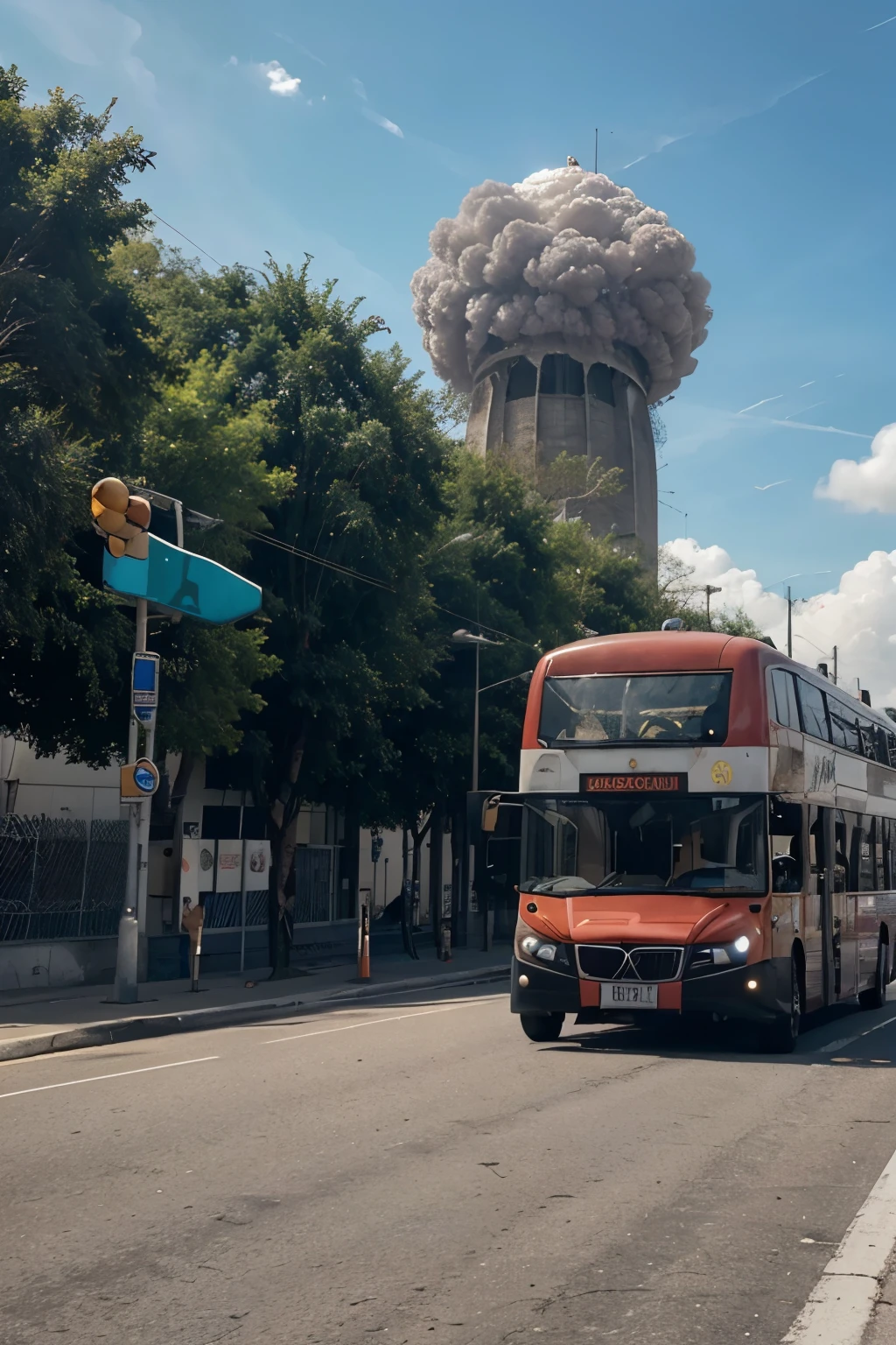 Imagen de zonbies persiguiendo un autobuz con una bomba nuclear estallando de fondo ade mas de un X2 y un martillo