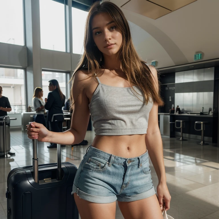 La misma chica, photo de voyage eelle est dans une aeroport a NEW YORK  en partance, 2.8. brut, 4k, ultra haute résolution, La meilleure qualité, ultra detailed. dressed in a short outfit , with hair down,. Background, vous pouvez voir l aeroprt , plan est la chica est super belle, et bien habillet. Natural sunlight reflects on her face and she is attractive, , sexy , Shorts elle ne regarde pas ver la camera 
