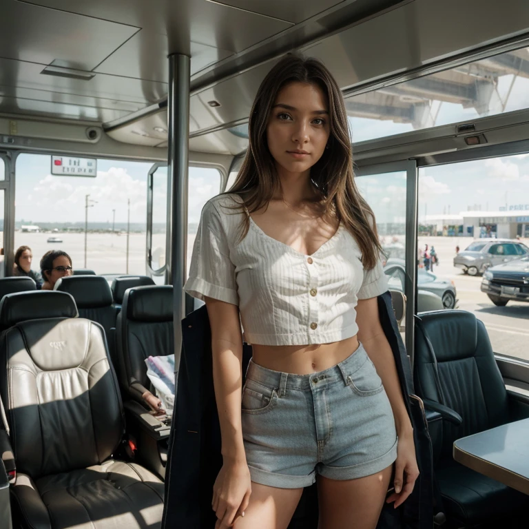 La misma chica, photo de voyage eelle est dans une aeroport a NEW YORK en partance, 2.8. brut, 4k, ultra haute résolution, La meilleure qualité, ultra detailed. dressed in a short outfit , with hair down,. Background, vous pouvez voir l aeroprt , plan est la chica est super belle, et bien habillet. Natural sunlight reflects on her face and she is attractive, , sexy , Shorts elle ne regarde pas ver la camera