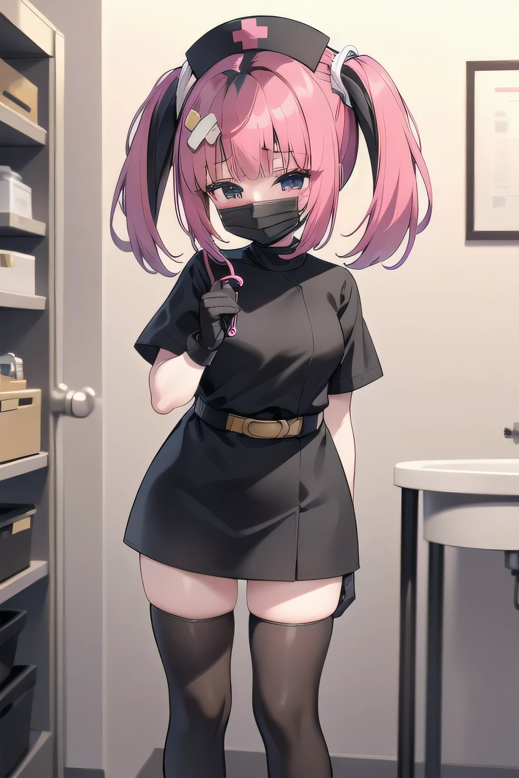 black nurse, 1girl, solo, black nurse cap, black wear, ((black legwear, zettai ryouiki)), black elbow gloves, twintails, yellow hair, purple eyes, ((black surgical mask, covered nose)), standing, ((surgery room)), sharp outline, short sleeves, best quality, masterpiece