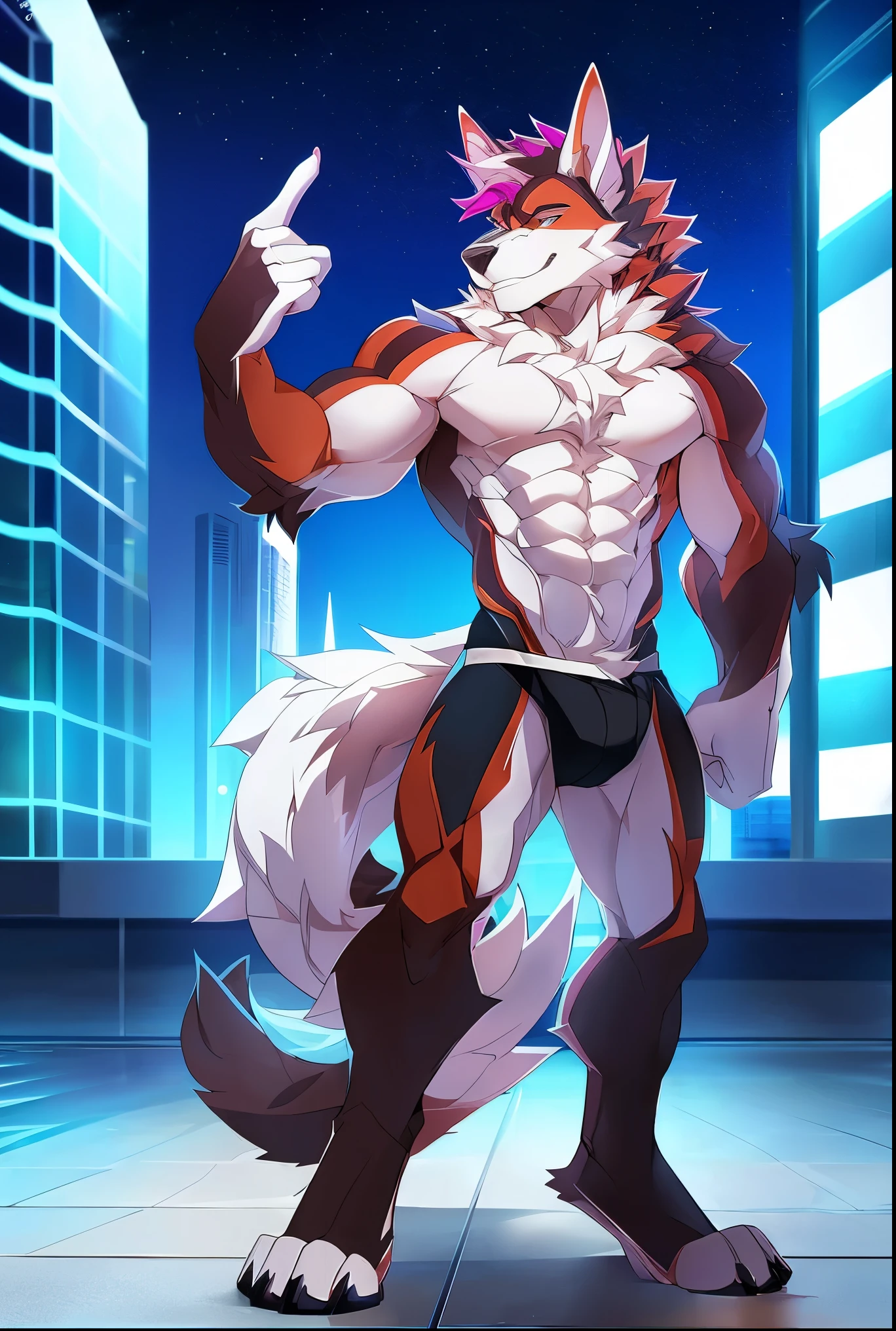 ((Solo)), male people, anthro wolf, (Multi-colored fur, White tail pointed), (Height 3meters,Tail length 2meters), Abs, pinginuscular, A long big tail, by patto, modern city