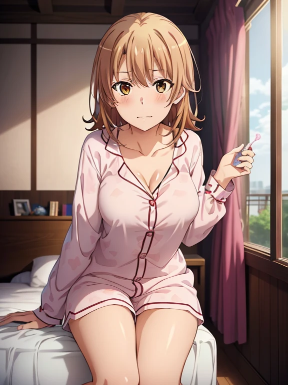 ((masutepiece, Best Quality, hight resolution, nffsw, Perfect Pixel, depth of fields, 4K, )), 1girl in, Solo, , Beautiful anime girl, Beautiful Art Style,
jumping:1.3, bed, Looking at viewer.
Perfect body, smug face, tilted forward:1.5, legs together:1.5, condom on bed:1.5,
isshiki iroha, large breasts, Full face blush, pink pijama:1.5,
straight on:1.3, medium shot