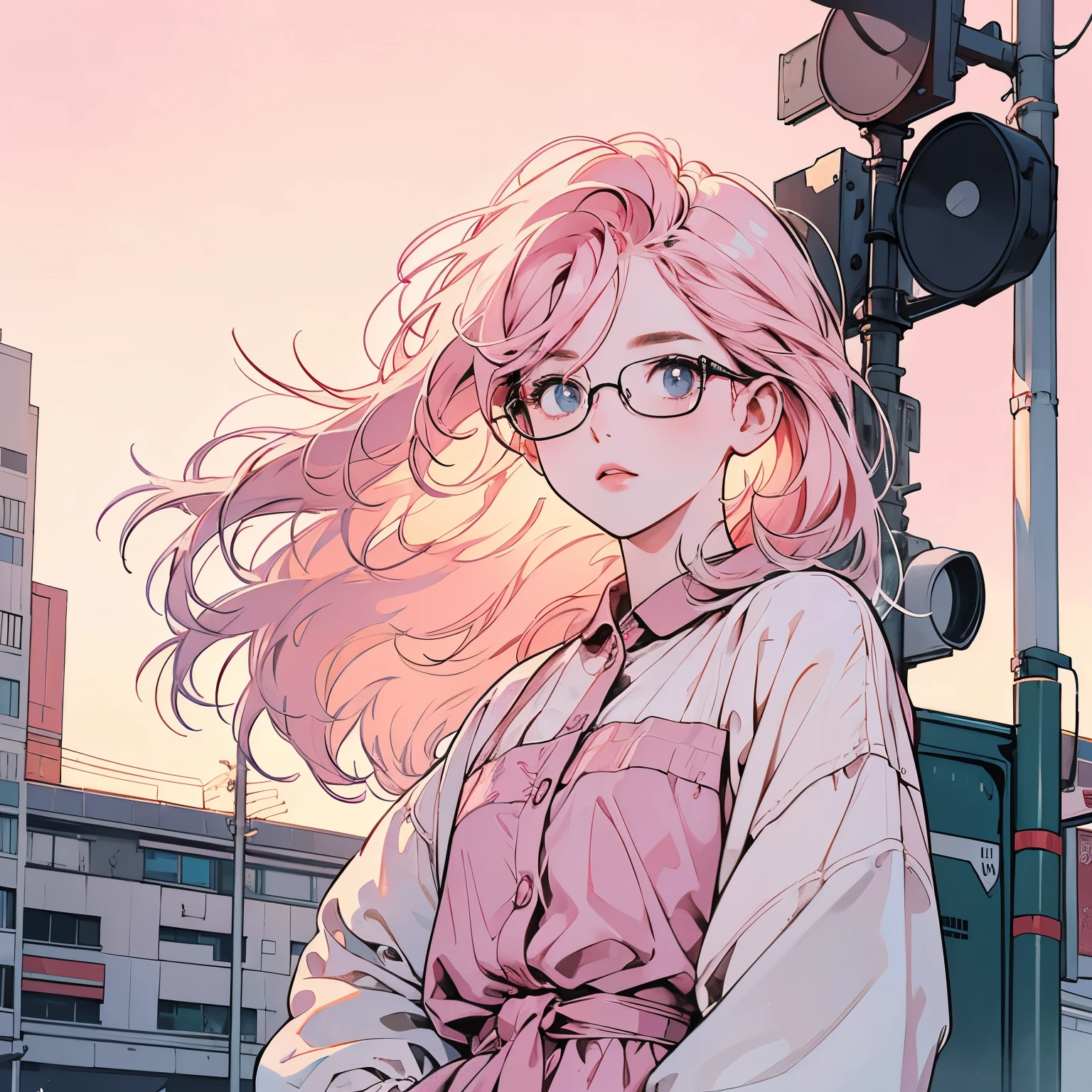 Upper Body、From below、One beautiful woman、4K、shirt、pedestrian crossing、Signal、intersection、Complex background、Fine hair、Pale pink hair、Faint lighting、The wind is blowing、Clear Eyes、Mysterious look、Wearing glasses