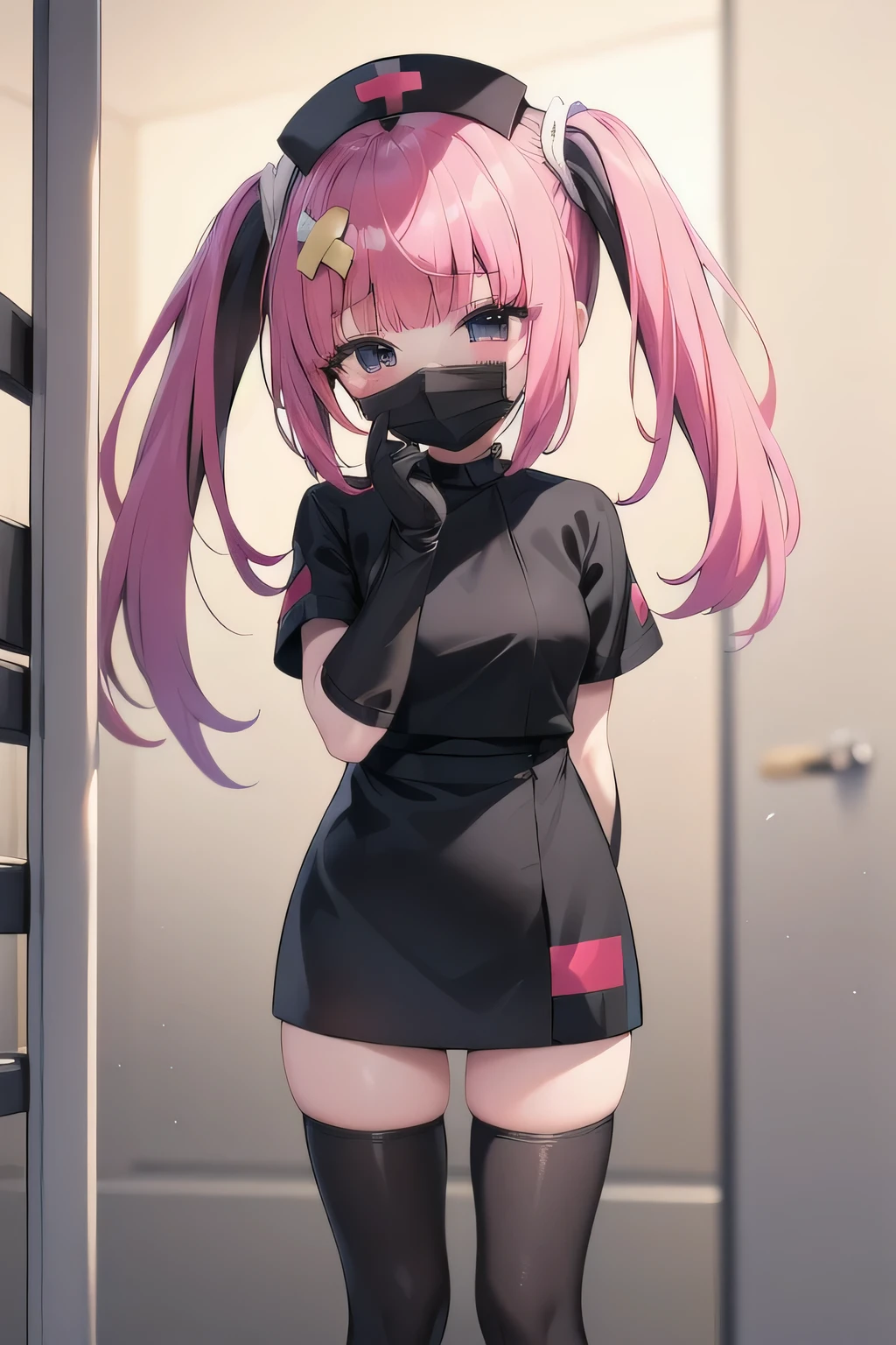 black nurse, 1girl, solo, black nurse cap, black wear, ((black legwear, zettai ryouiki)), black elbow gloves, twintails, yellow hair, purple eyes, ((black surgical mask, covered nose)), standing, ((surgery room)), sharp outline, short sleeves, best quality, masterpiece