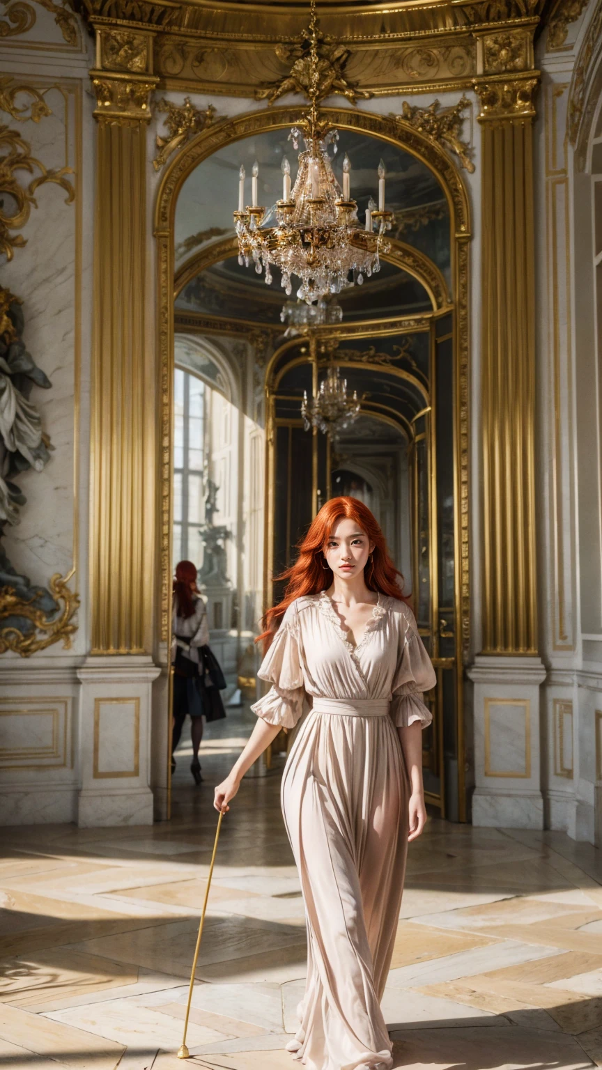 8k, highest quality, live camera, best quality, 1 girl, ((Sitting on the luxury chair in Palace of Versailles:1)), ((Palace of Versailles:1)) , frente, ((black eyes)), (((perfect eye))), (((redhead))), European princess dress, in a stunning setting, ((Palace of Versailles in background)), beautiful city, film de tarde, live lighting, cores vivas, (((no cars))), ((morning)), (beautiful smile:1), (walking pose:1.5)