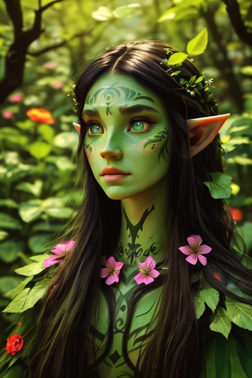 ((best quality)), (detailed), girl, elf, wood elf, teen, fifteen years old, black hair, weavy messy hair, ((green skin)), bright green eyes, freacles, innocent, childish, floral facepaint, floral green face tattoo, green skin, fantasy
